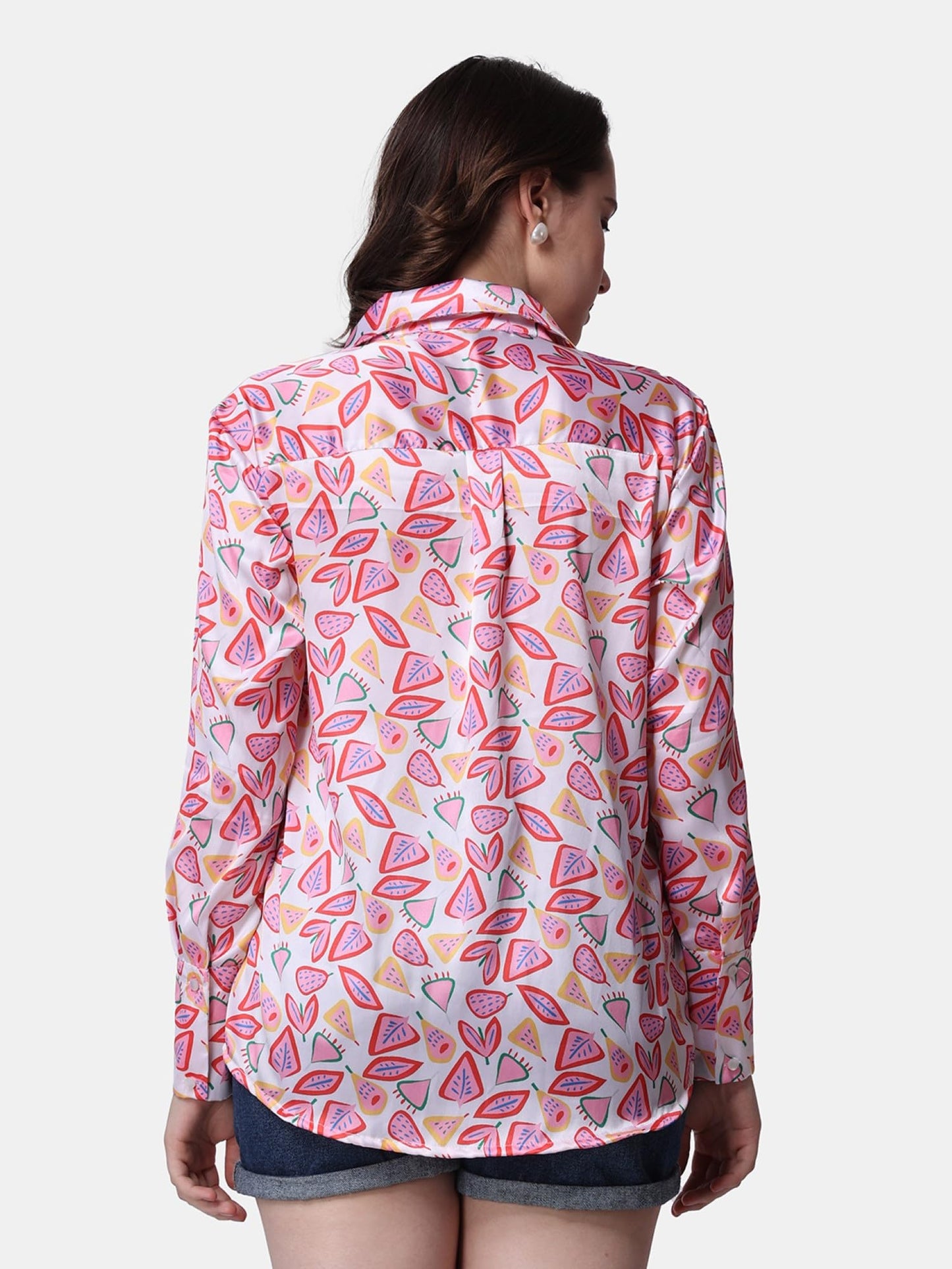 POPWINGS Printed Full-Sleeves Regular-Fit Satin Printed Shirt for Women Stylish Western Casual Wear Peach