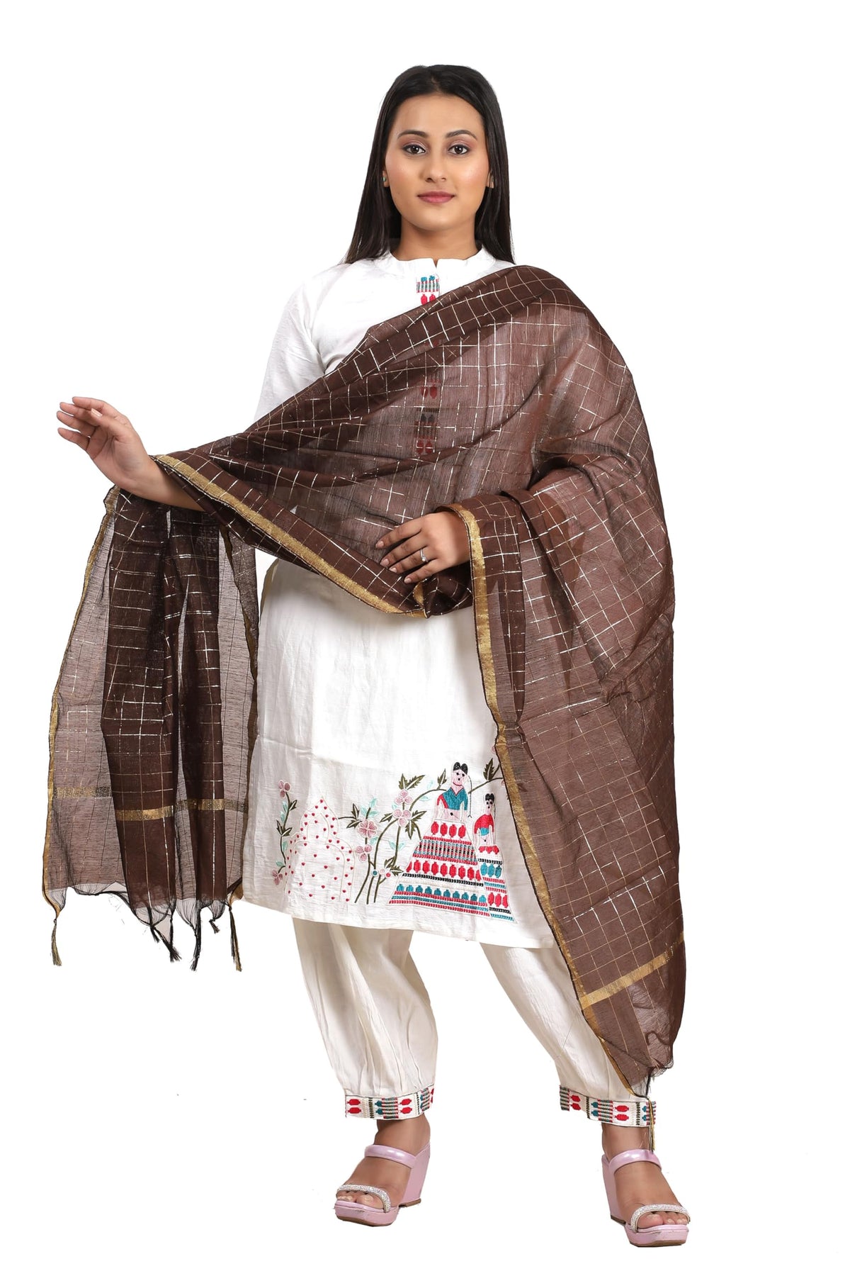 Fabme WomenS Silk Blend Checkered Dupatta With Embellish Golden Border Chocolate, Free Size
