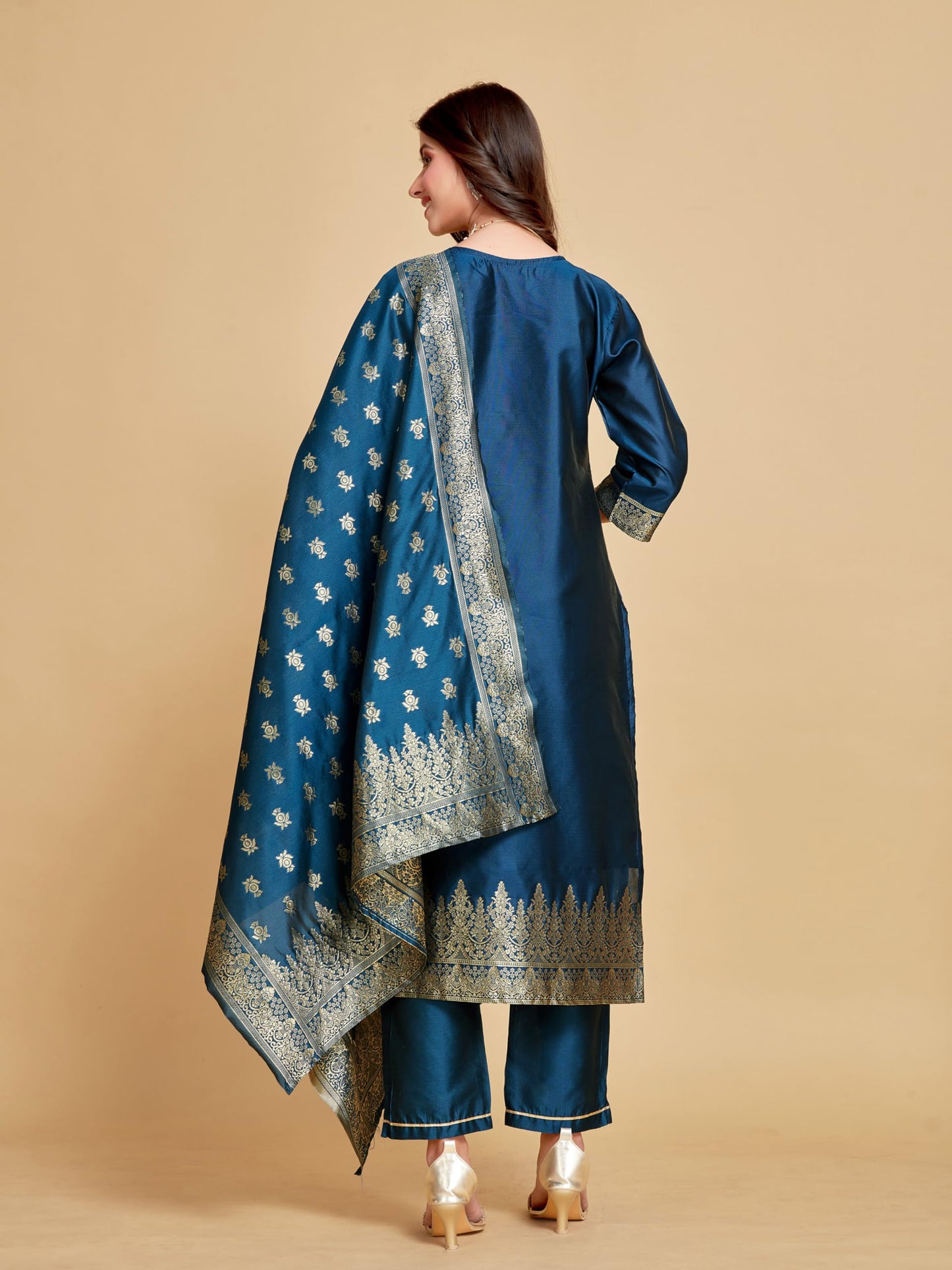 ishin Women'S EthnicTeal Blue Printed Motifs Art Silk Kurta Set With Dupatta
