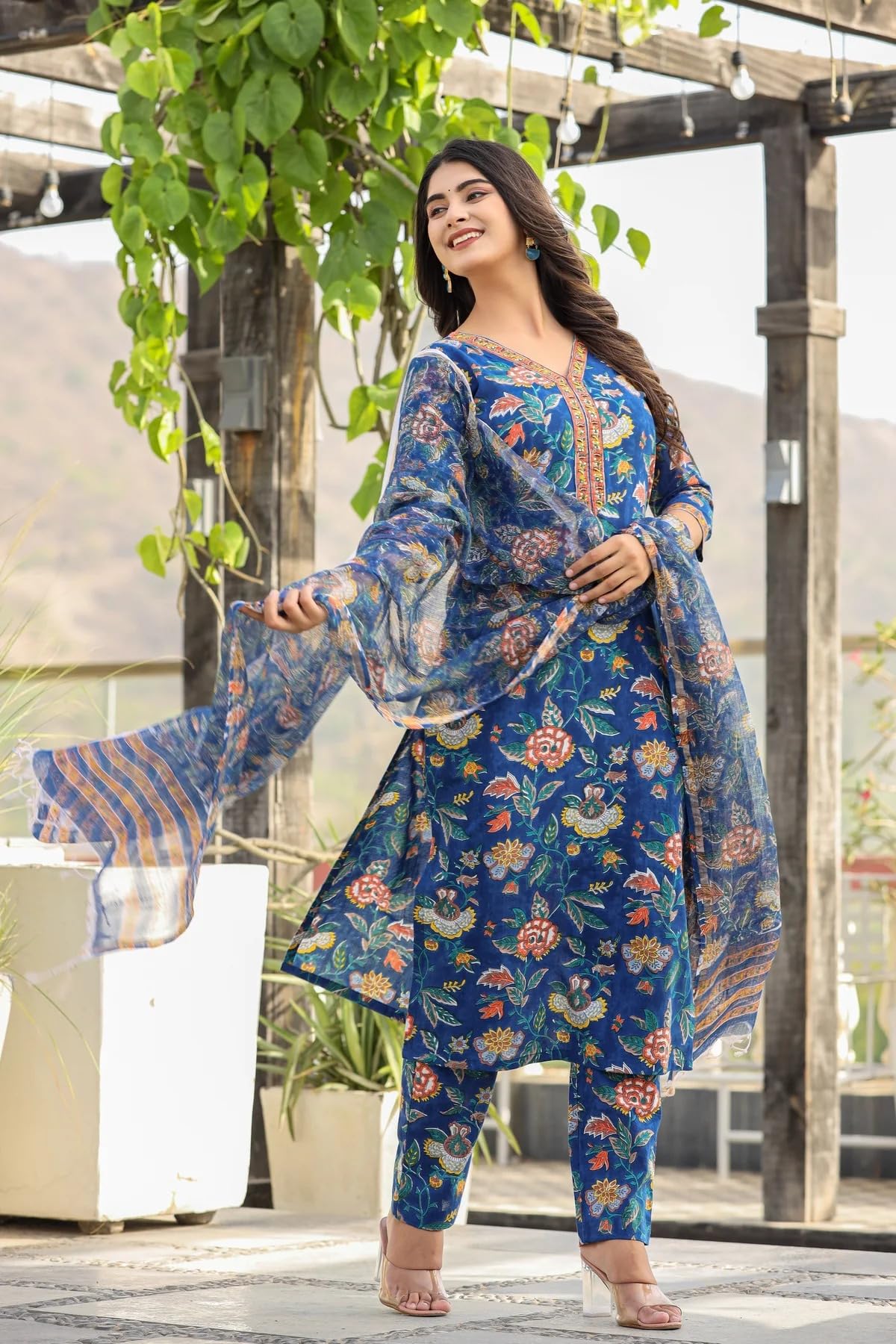 GoSriKi Women's Cotton Blend Printed Straight Kurta with Pant & Dupatta (JDP