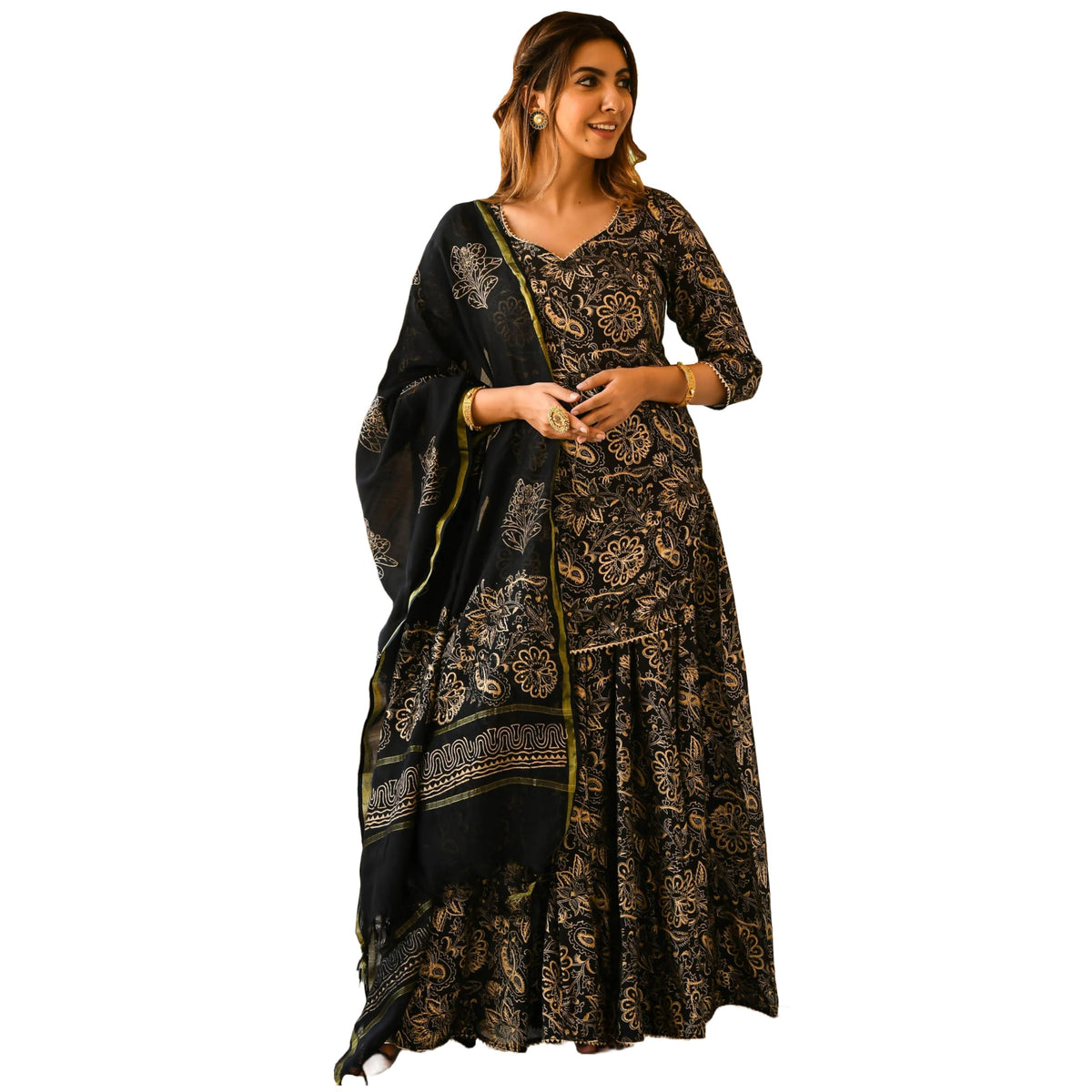ANNI DESIGNER Womens Rayon Blend Floral Straight Kurta with Sharara & Dupatta (NIRANJANA Black