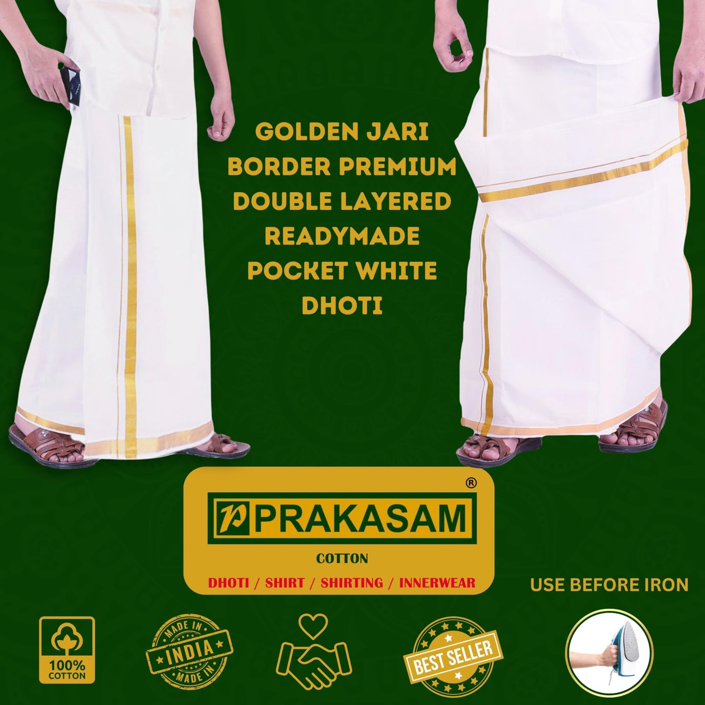 Prakasam Cotton MenS Fine Quality Welcro Pocket Jari Cotton Double Dhoti (32)