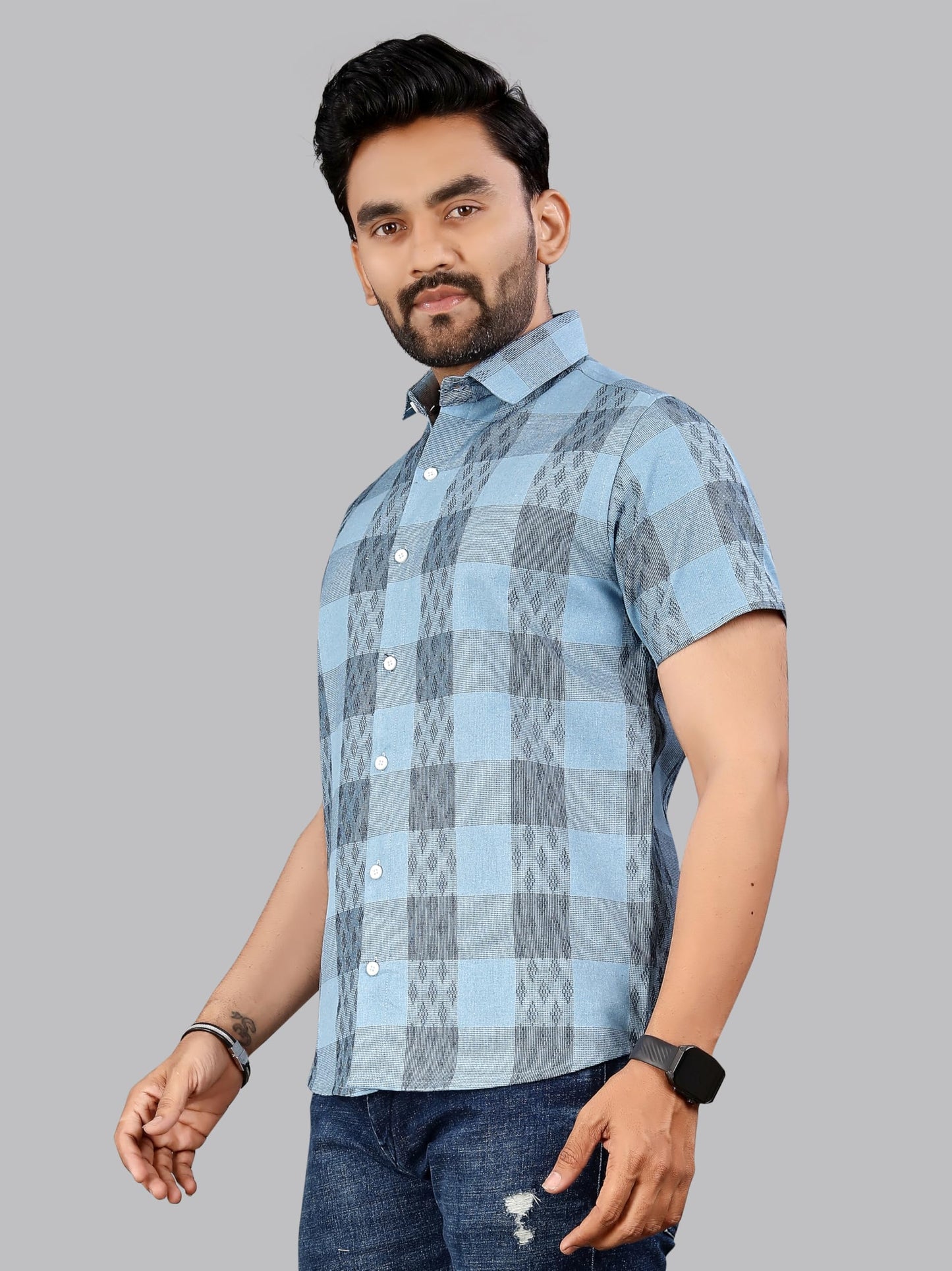 Mildin MenS Sky Navy Cotton Blend Half Sleeve Spread Collar Regular Fit Checkered Printed Formal Shirt (Sky Navy Zara Checks Ha