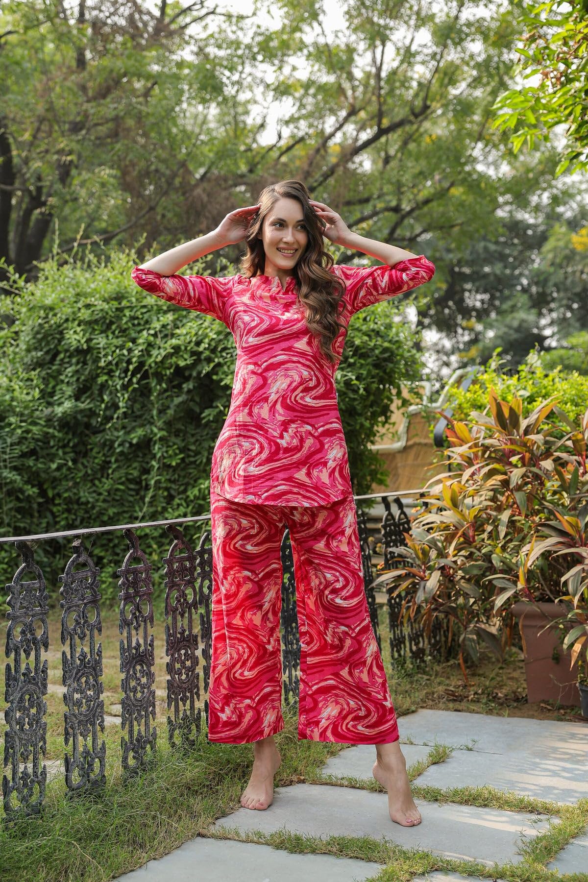 GoSriKi Women's Jumpsuit Set, Rayon Blend, XL, Pink, Model: Bhata Pink-GS