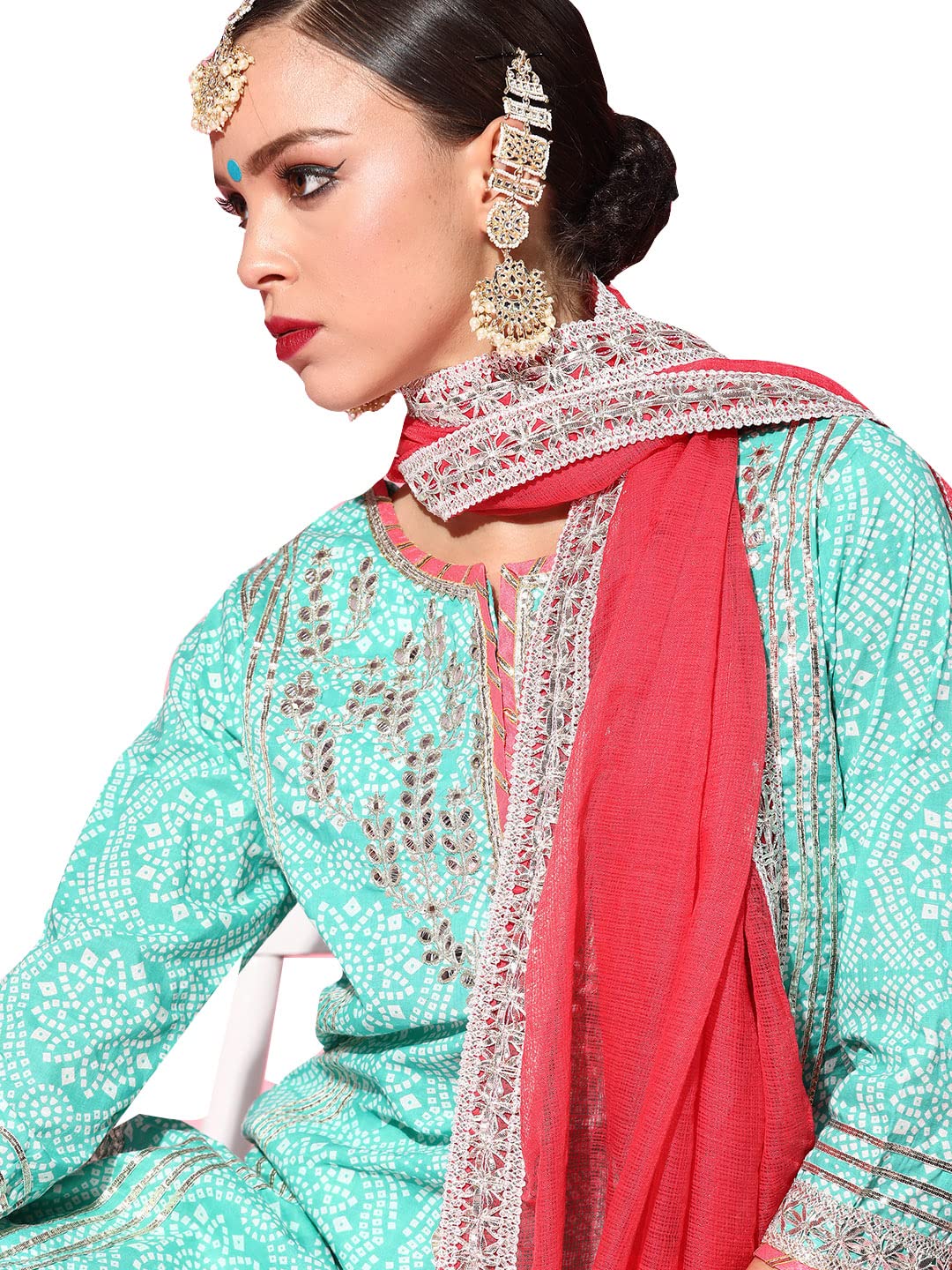 ishin Women's Pure Cotton Green Embroidered A-Line Kurta Suit Set with Dupatta & Sharara