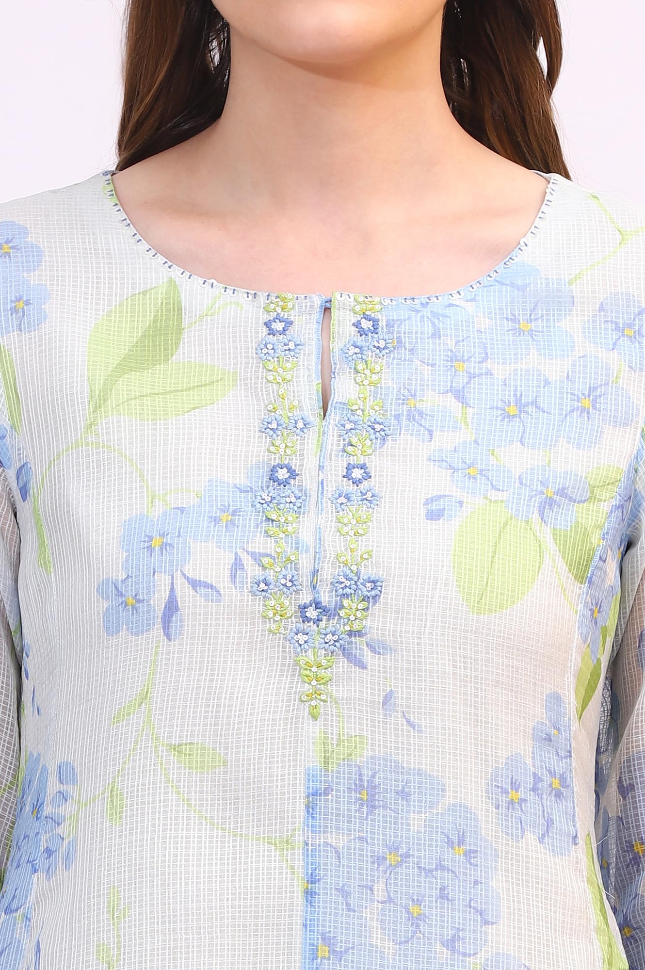 W for Woman Light Blue Floral Printed Gathered Sleeveless Chiffon Kurta with Pants and Dupatta Set