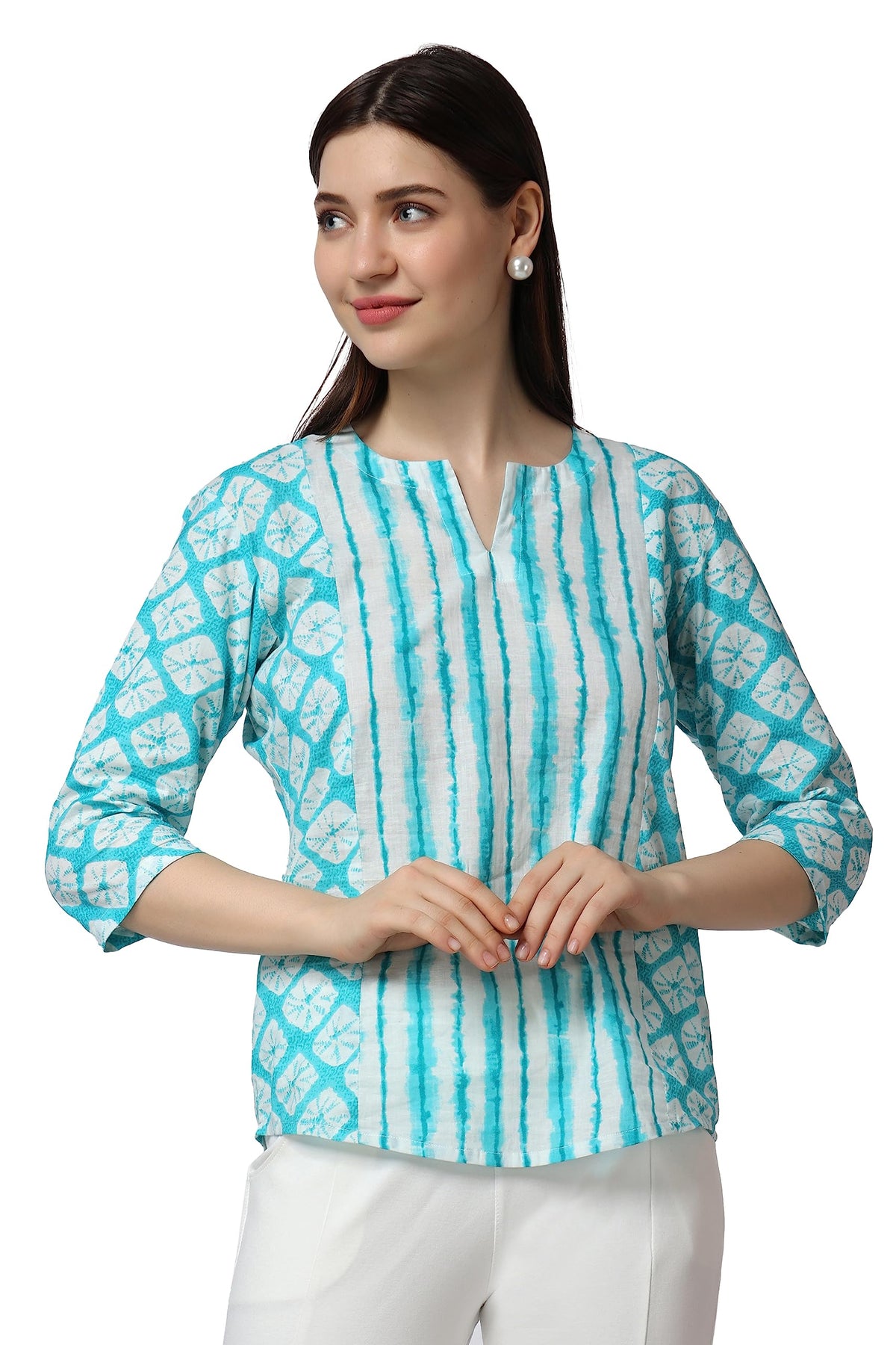 Popwings Cotton Geometric Regular Kurti (Women Printed Short Kurta_Sky Blue & White