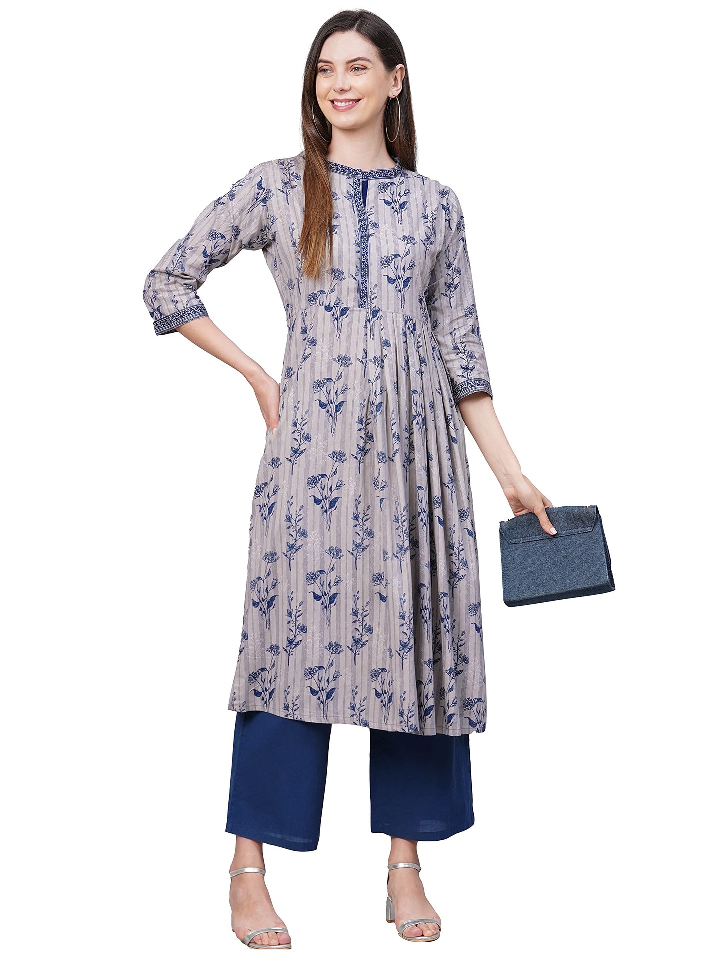 ANNI DESIGNER Womens Pure Cotton Straight Printed (Brian Grey_S-Grey_Small)