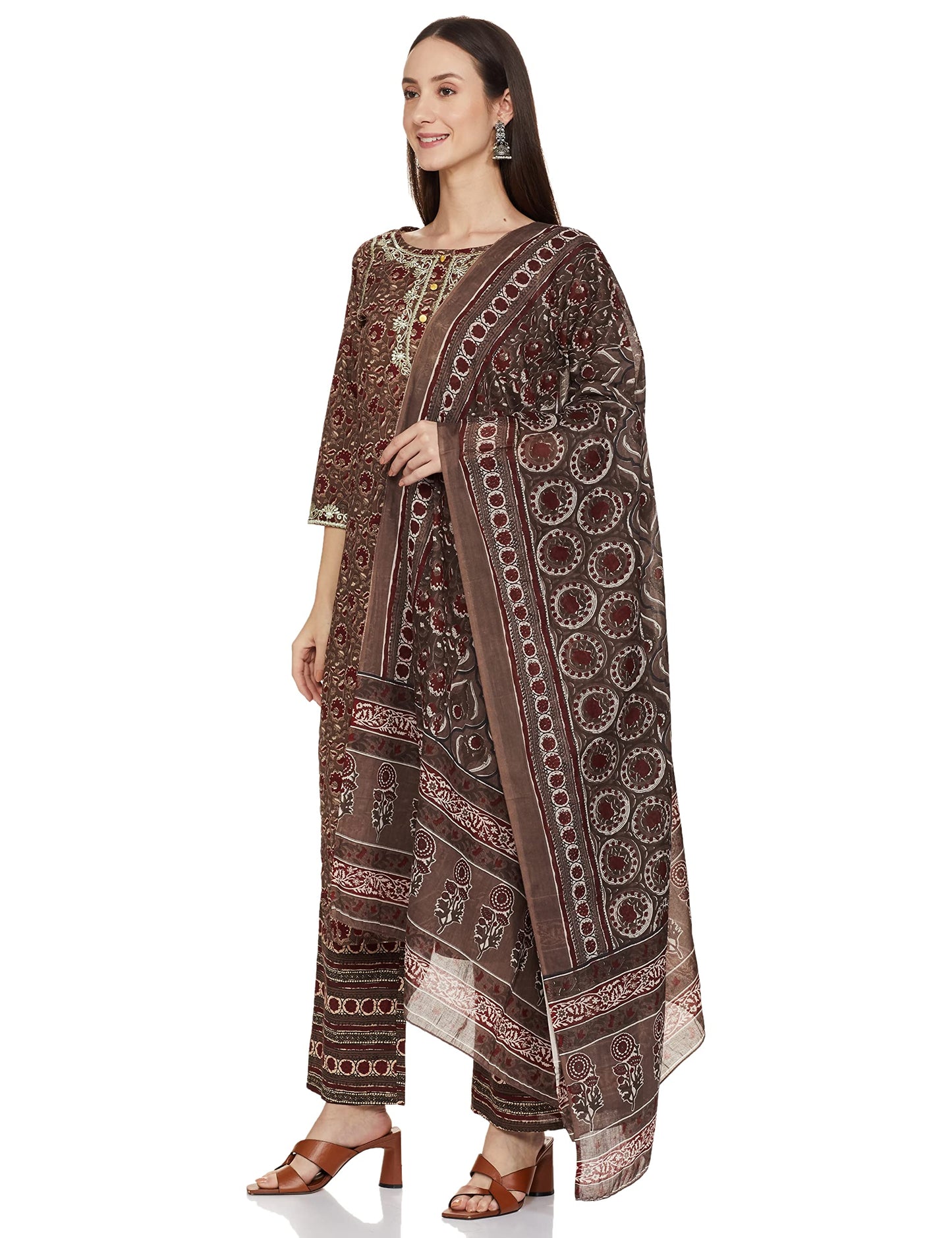 anubhutee Women's Cotton Brown Floral Printed Straight Kurta Suit Set With Pants And Dupatta