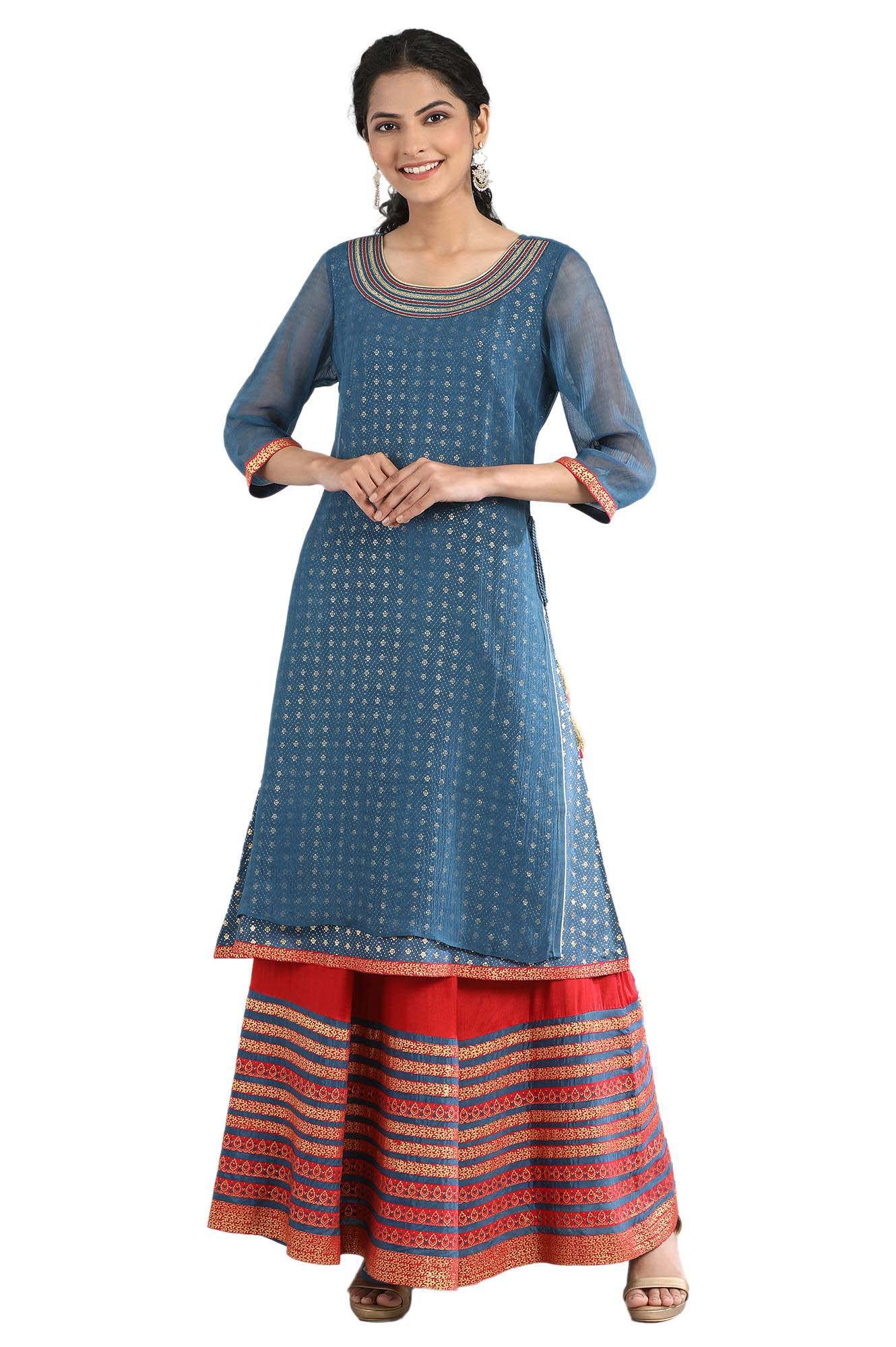 Aurelia Women's Polyester Kurta & Skirt (21FED10319-503073_Blue_M)