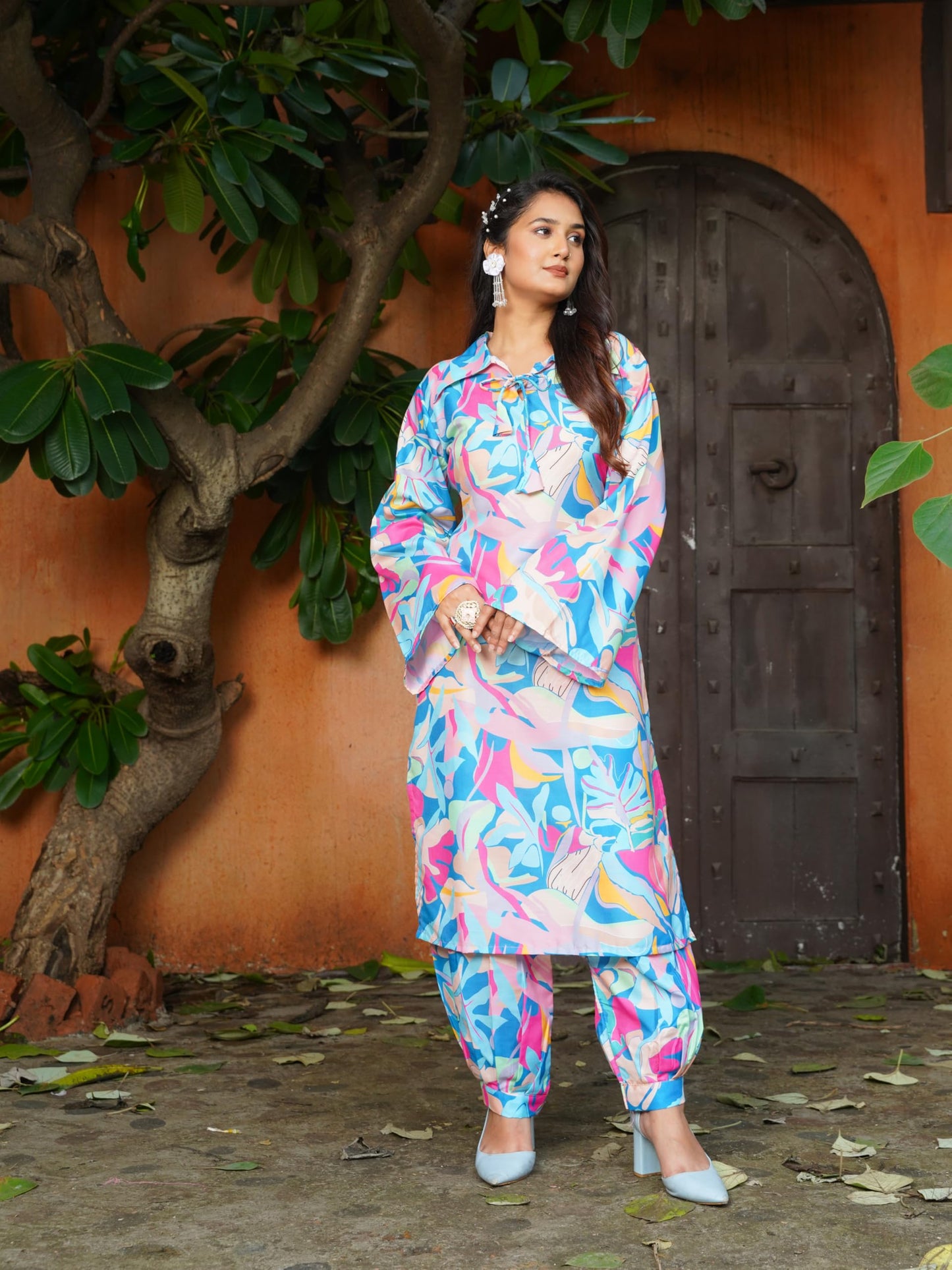 Gufrina Elegant Women's Floral Printed Kurta Pant Set | V-Neck, 3/4 Sleeve Cotton Ensemble