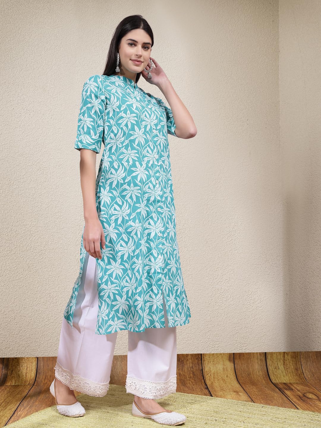 Stylum Women's Floral Printed Cotton A-Line Kurta (Pluto_Turquoise Blue)