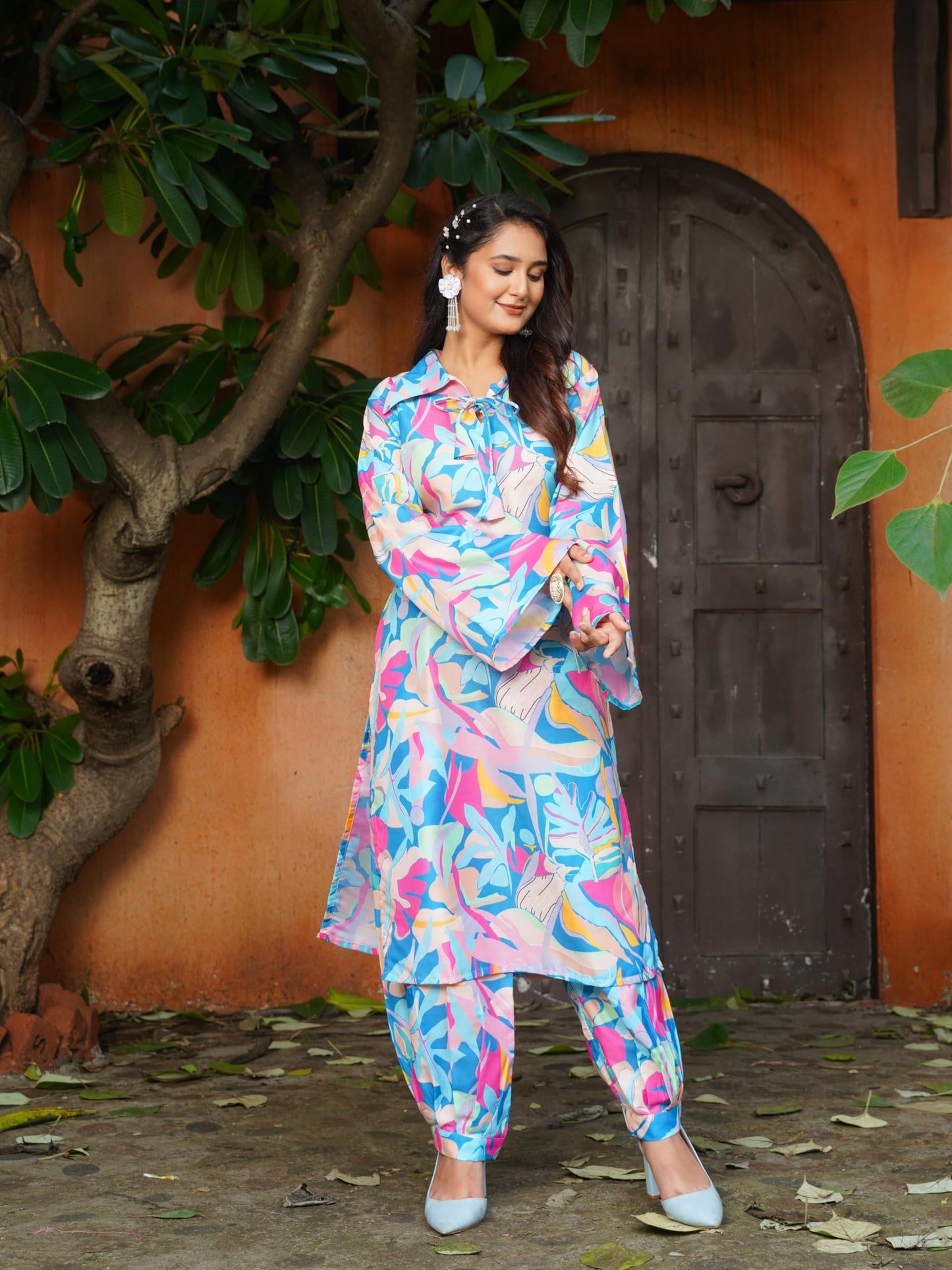 Gufrina Elegant Women's Floral Printed Kurta Pant Set | V-Neck, 3/4 Sleeve Cotton Ensemble