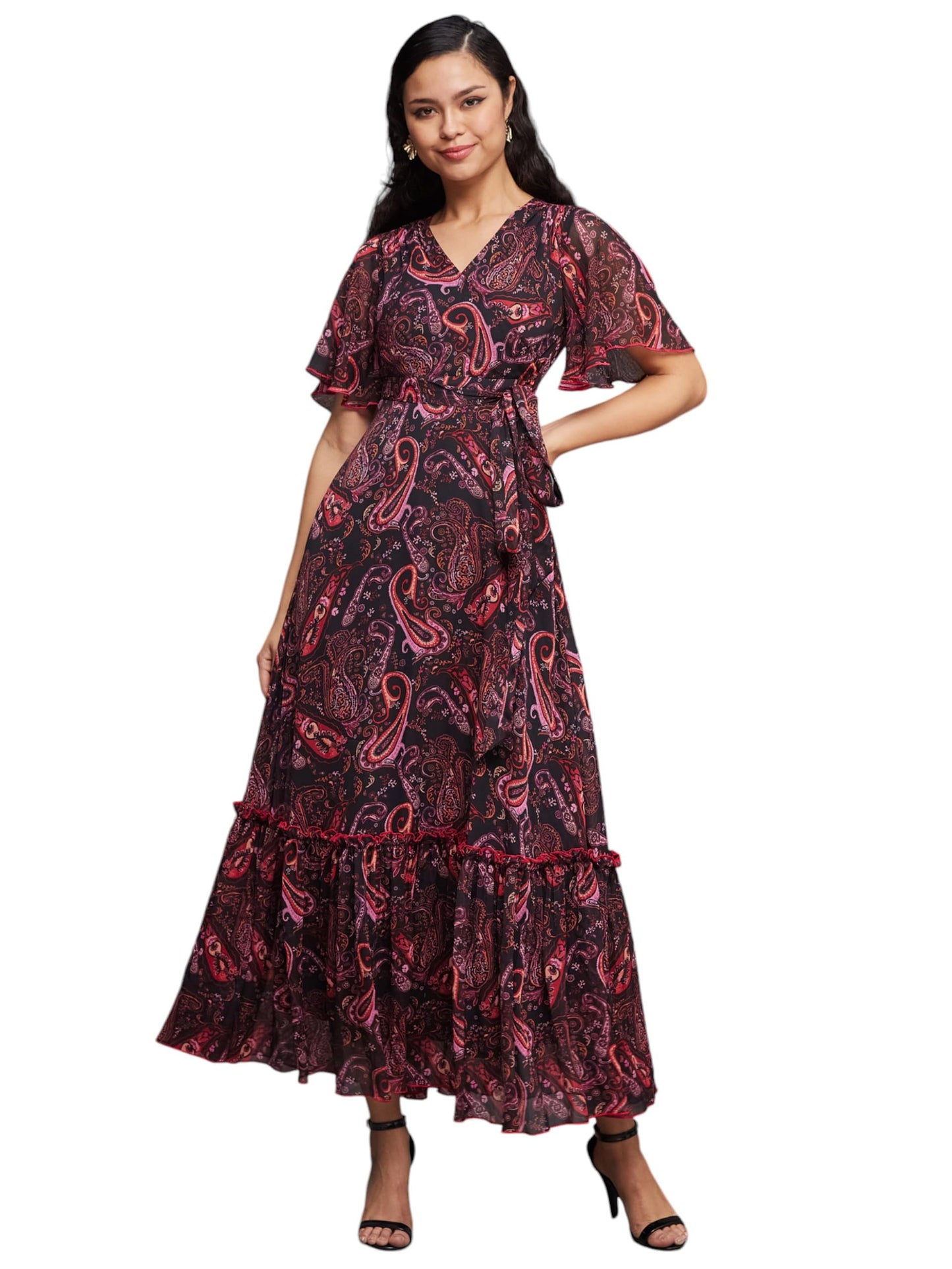 Miss Chase WomenS V-Neck Flutter Sleeve Maxi Dress (Mcaw24D96-15-171-05, Multicolored-Base-Black, L)