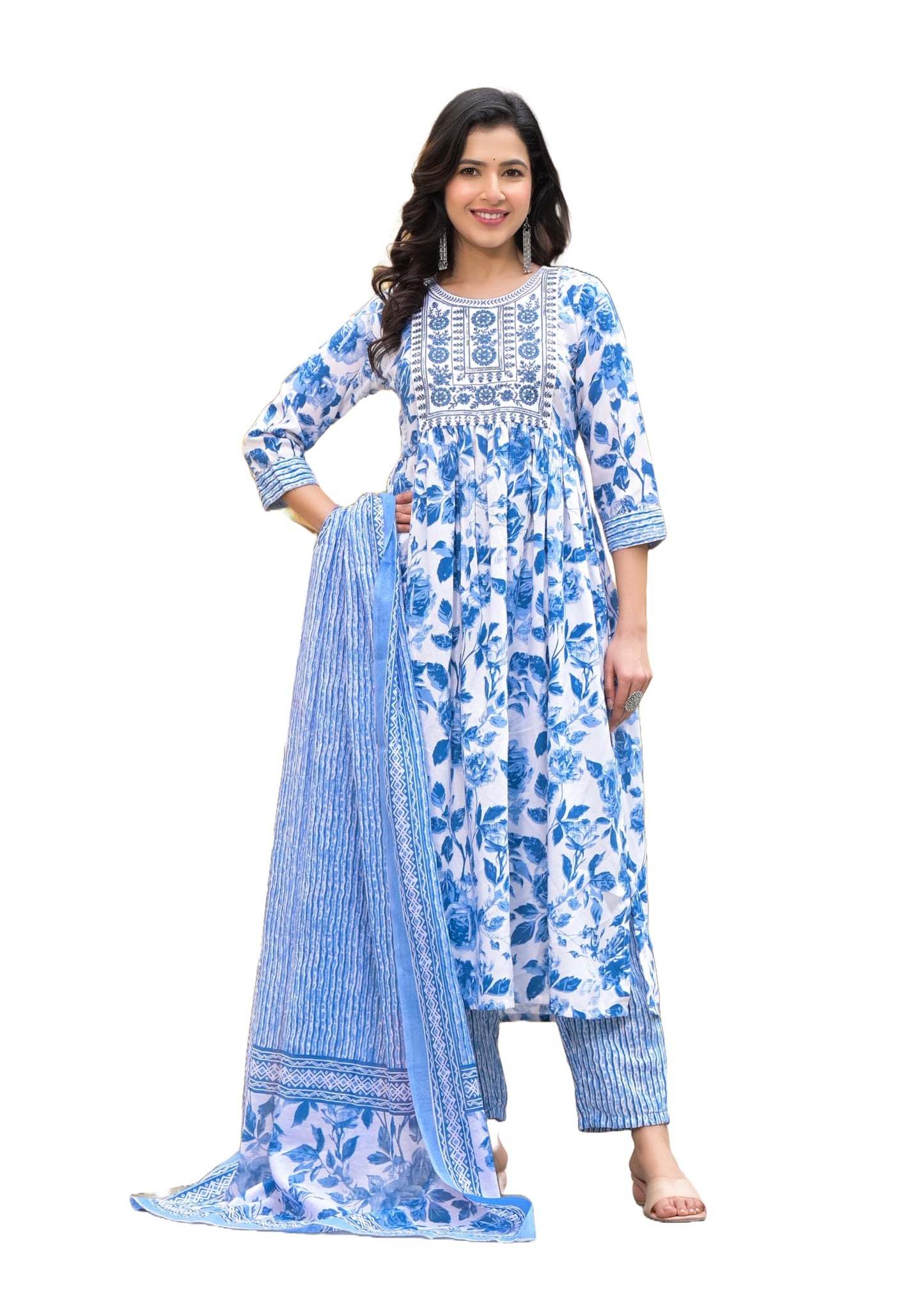 KLOSIA Women Embroidery Floral Printed Anarkali Kurta and Pant Set with Dupatta | Kurta Set | Ethnic Set | Dupatta Set | Wedding