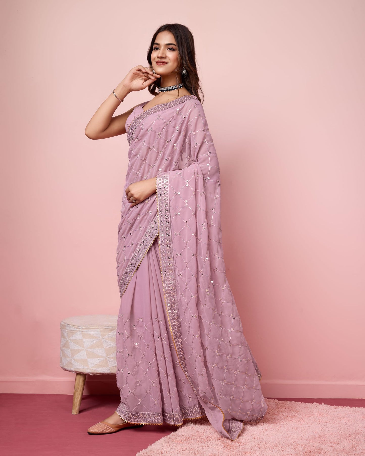 Vairagee Women Soft Georgette Emroidery Saree With Sequence Lace Unstitched Blouse (6236)