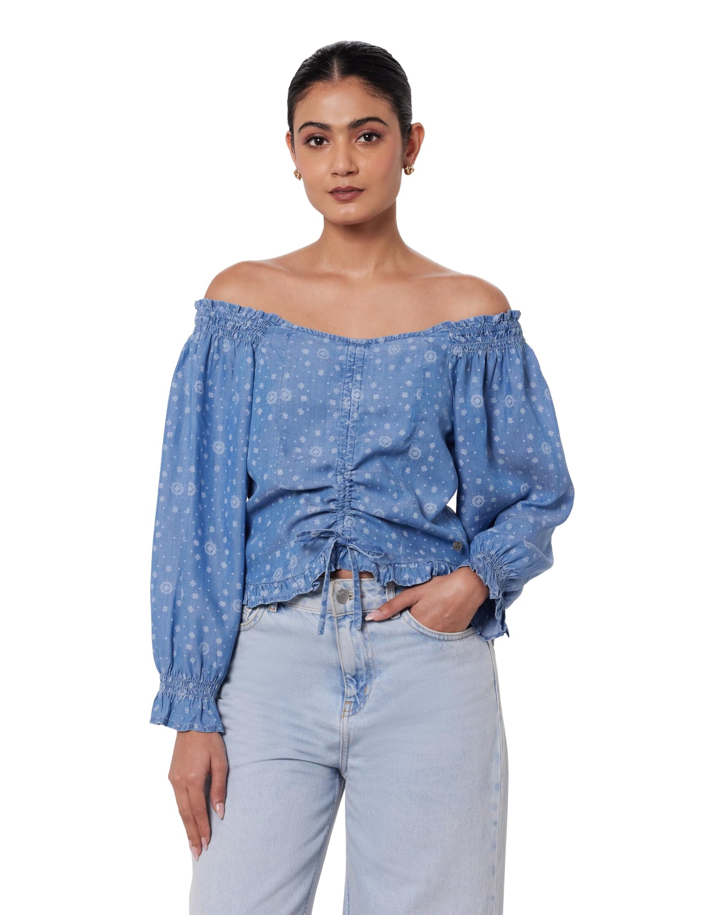 Pepe Jeans Printed Lyocell Round Neck WomenS Shirt (Blue, Small)