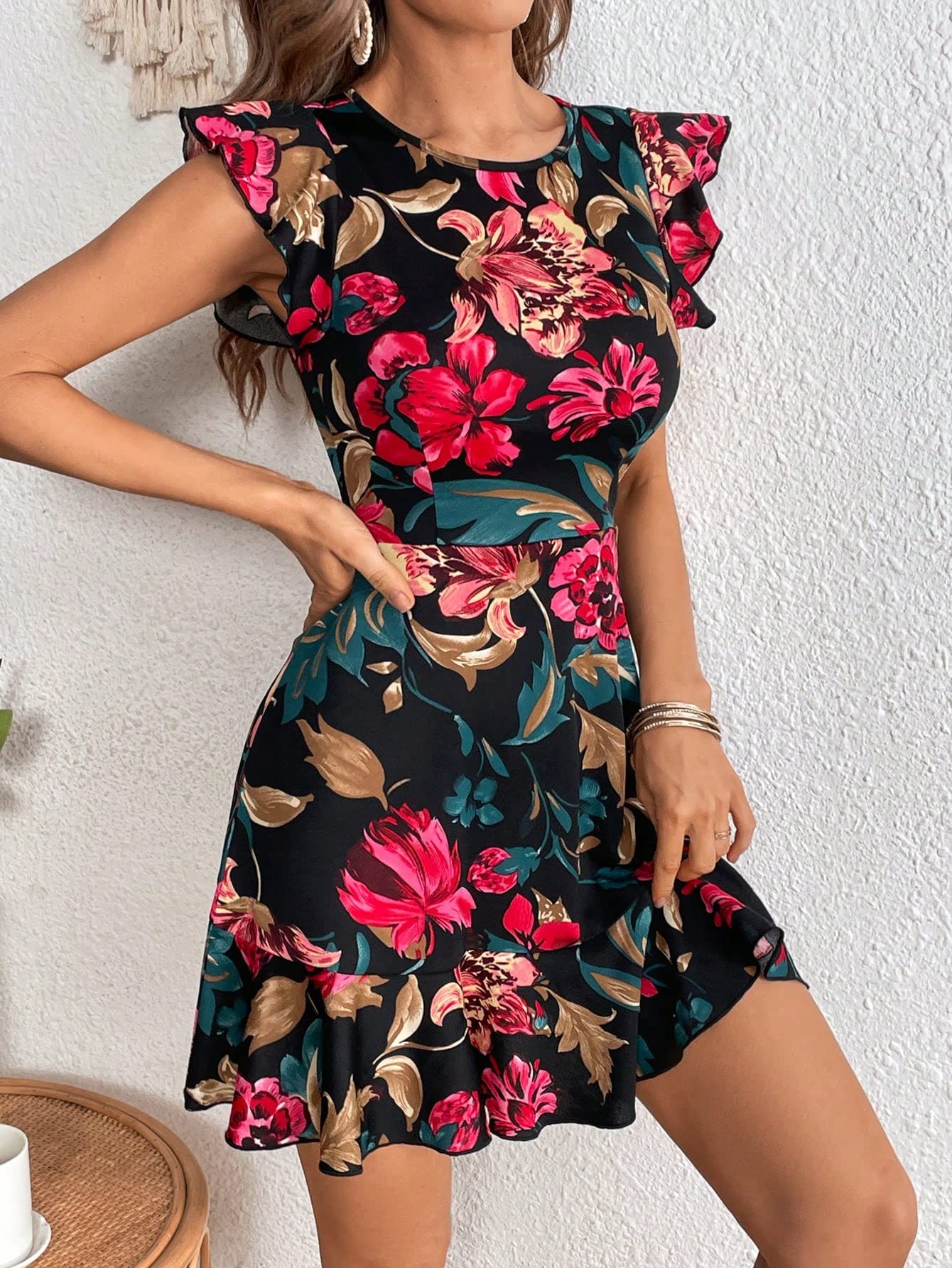 Shasmi GirlS & WomenS Black Floral Print Cap Sleeve Ruffle Trim Short Dress Summer Boho One Piece Mini Dress For Women Stylish