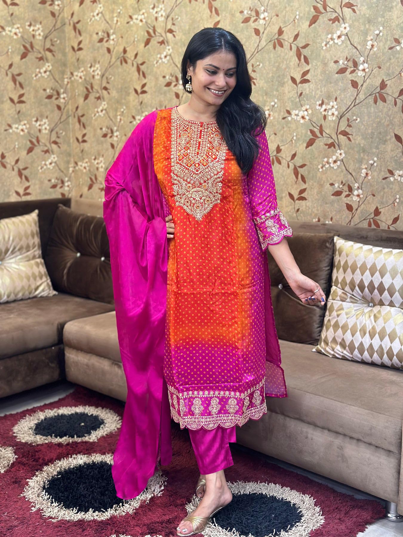 Gosriki WomenS Rayon Blend Straight Embroidered Kurta With Pant & Dupatta (Lasivan Pink-Vks01-Gs_Xxl_Pink_Xx-Large)