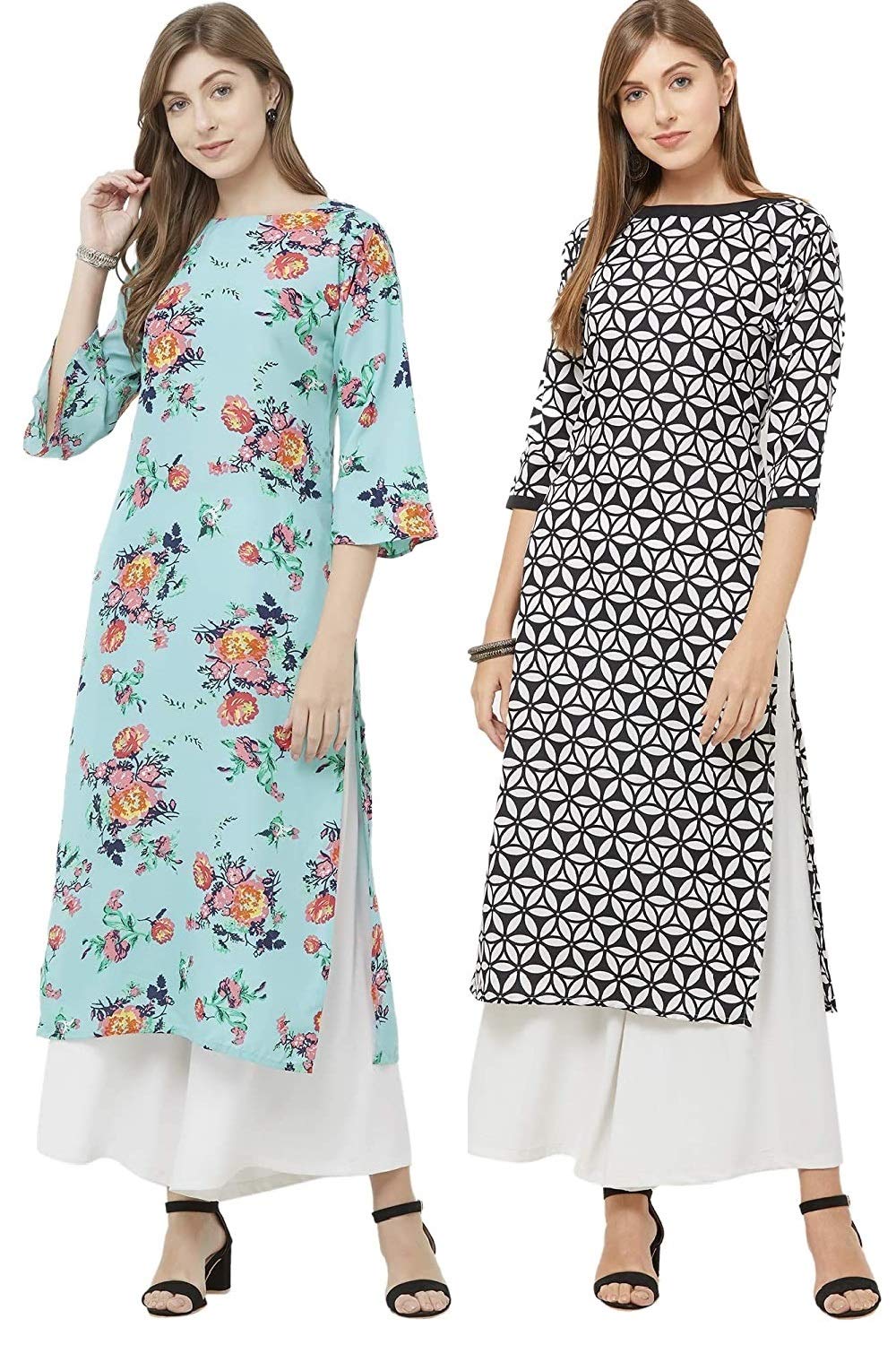 GoSriKi Women's Crepe Straight Kurta (CHAKRI-BLACK & SAAHO-RAMA_Multicolour)