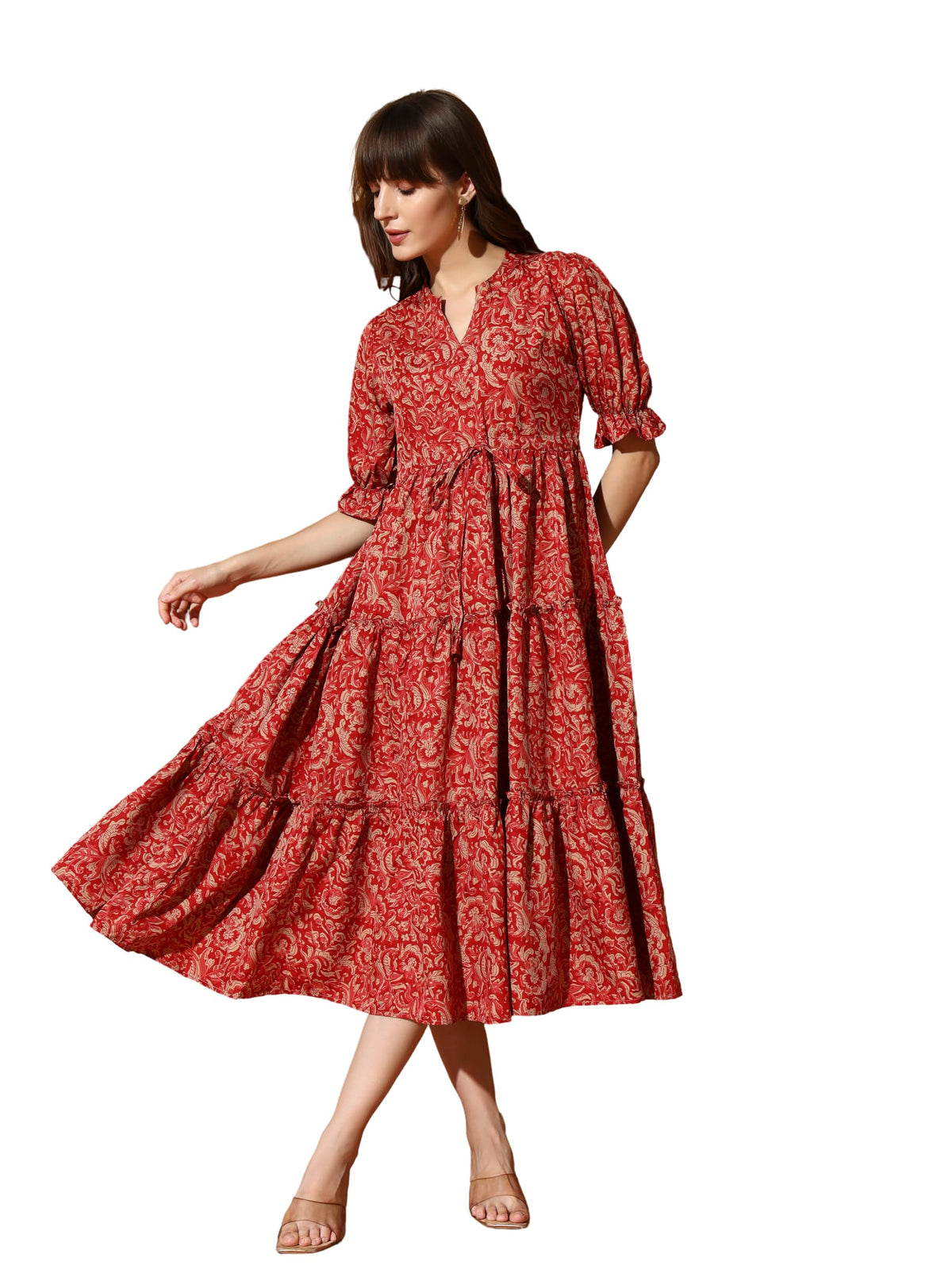 Kzully | Dress For Women | Midi Dress | Floral Printed | Polyester Fabric | Bell Sleeve Ethnic A-Line | Tiered Fit & Flare | Cas