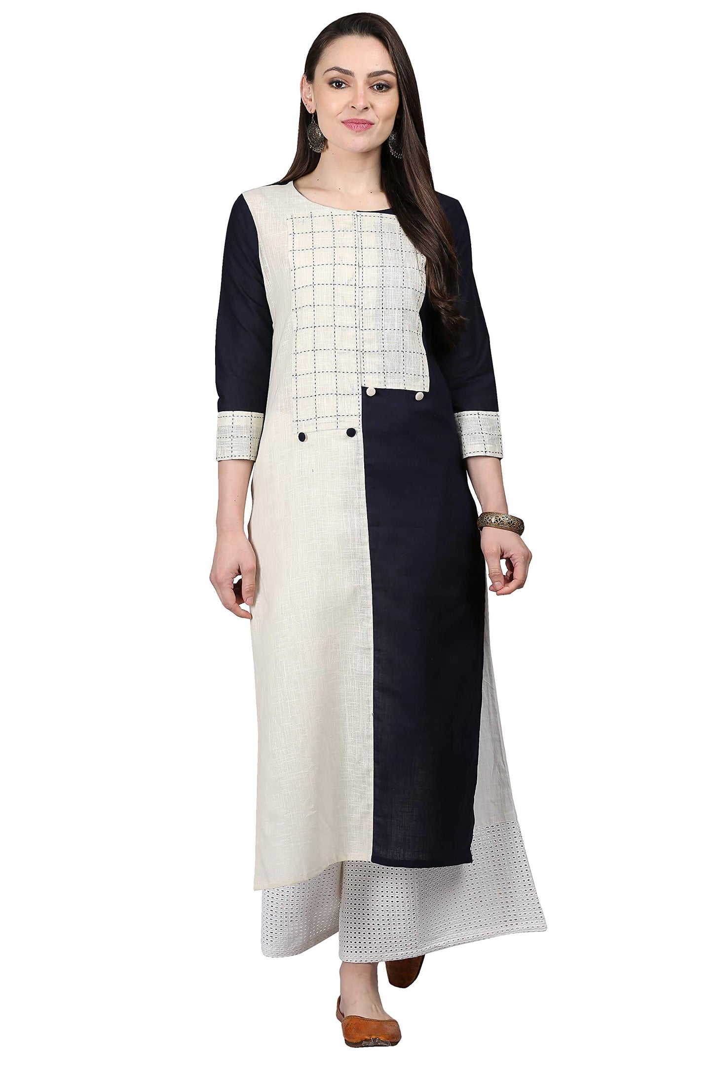 ANNI DESIGNER Women's Black & White Color Rayon Fancy Long Thread & Button Work Kurti(KUR190074_Black & White)