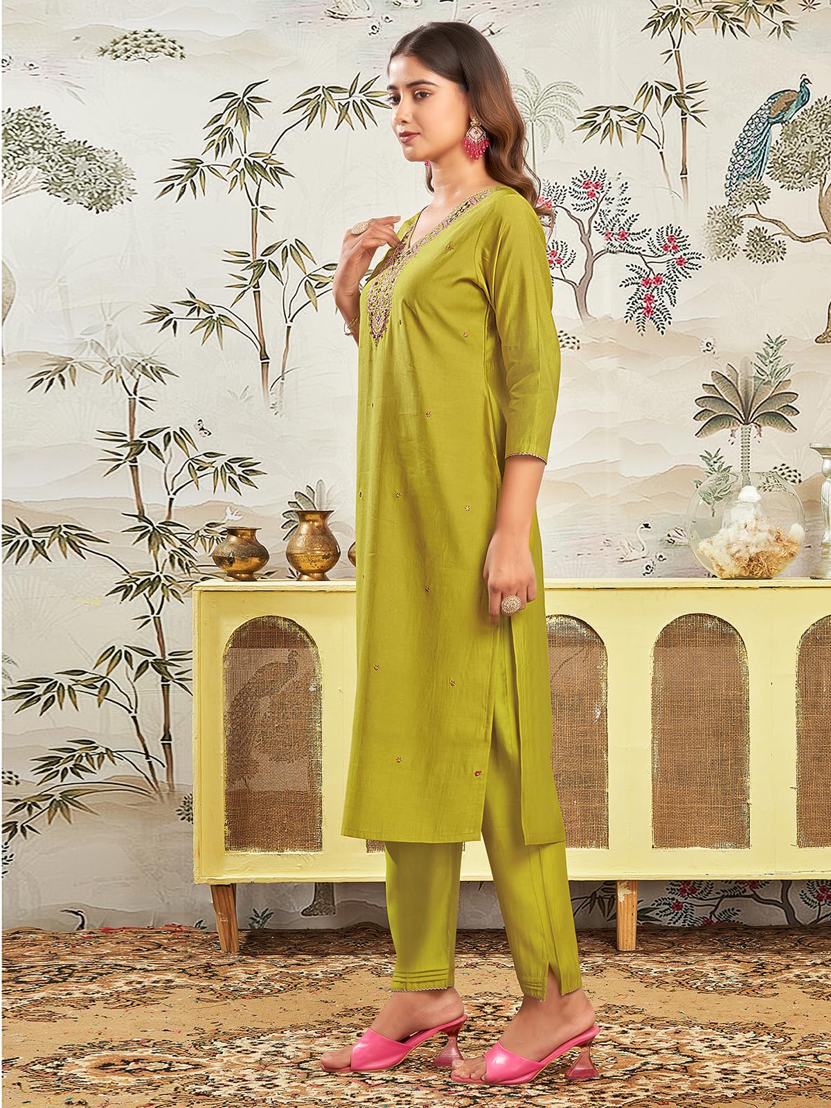 Sanisa Women's Silk Blend Sequins and Embroidery Straight Kurta with Pant and Dupatta Set