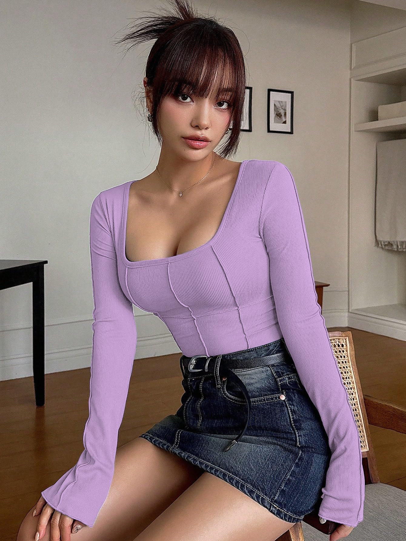 Sugathari Womens Purple Solid Long Sleeve Wrap-Style Square Split Crew Neck Bodycon Women T-Shirt Spring and Summer, Minimalist
