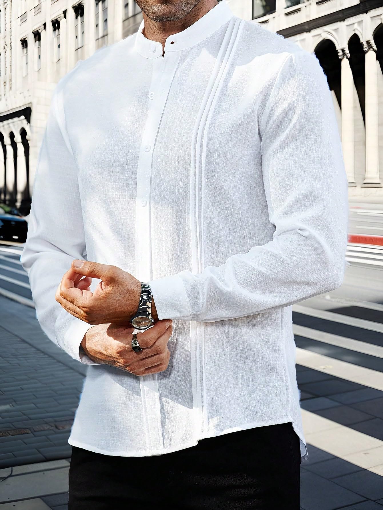 AVANOVA Mens Solid Urban Plain White Color Button-Down Long Sleeve Single-Breasted Stand Collar Slim Fit Business Casual Shirt,