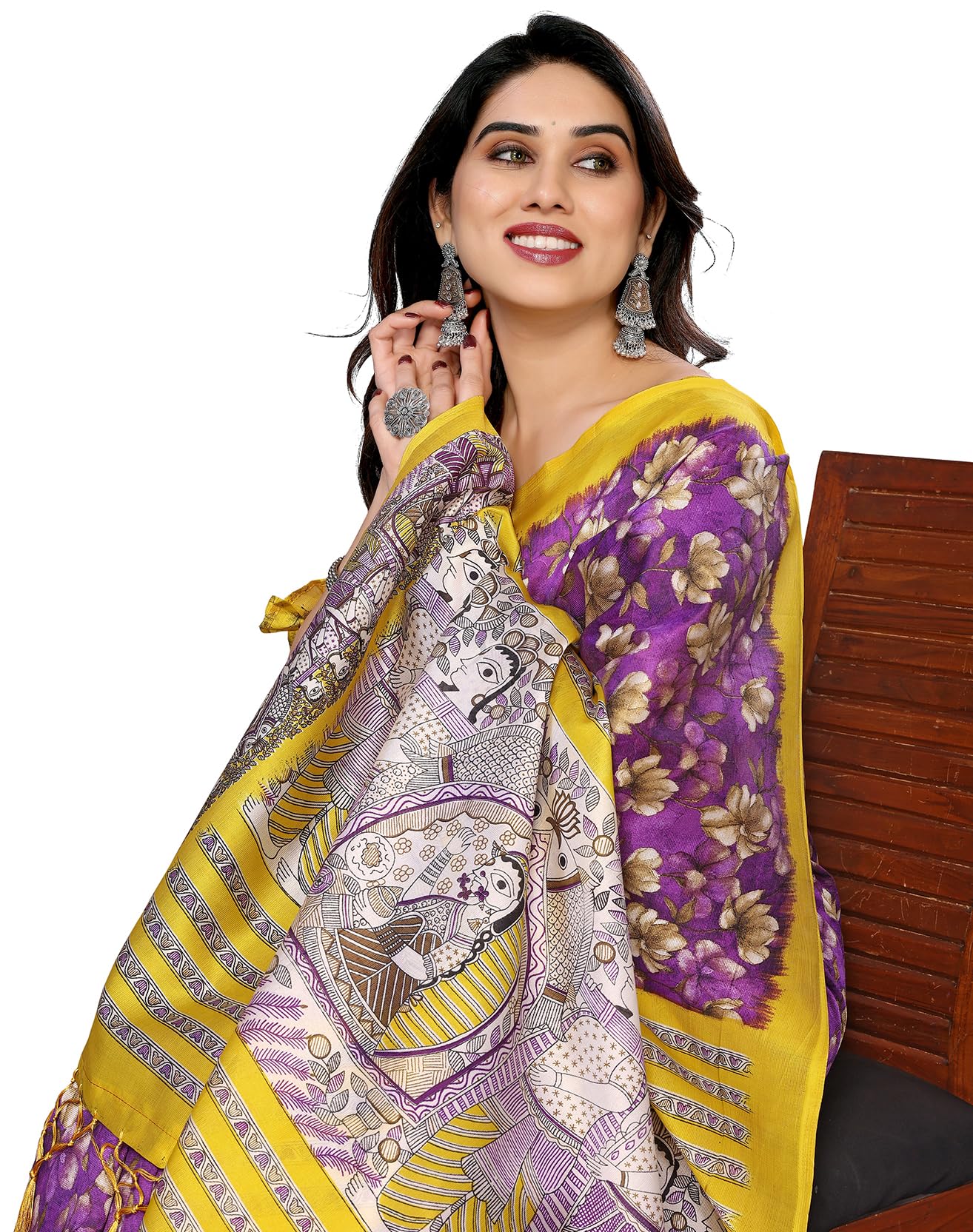 Yashika Womens Printed Kalamkari Art Silk Saree With Tassels and Unstitched Blouse Material (AZ-YS-P3-SUBILA VIOLET JHALAR)
