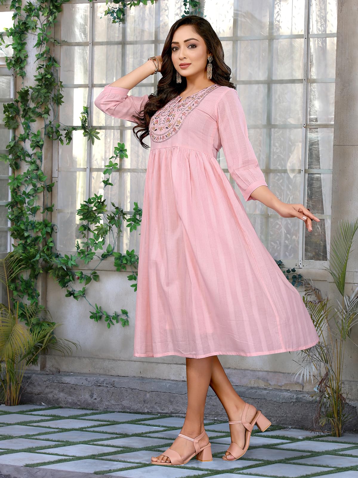 Rangita Women Pink Cotton Embroidered Flared Calf Length Dress_M