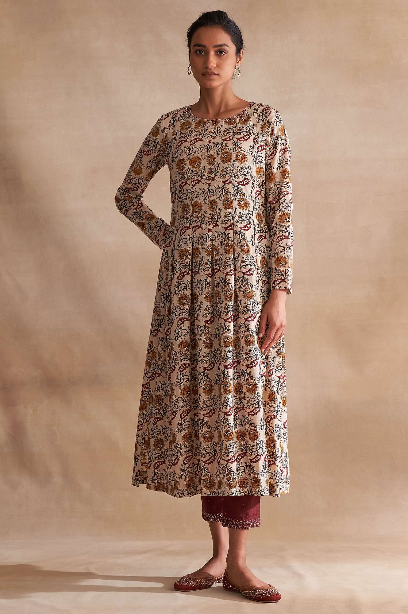 W for Woman Beige Block Print Pleated Longline Kurta