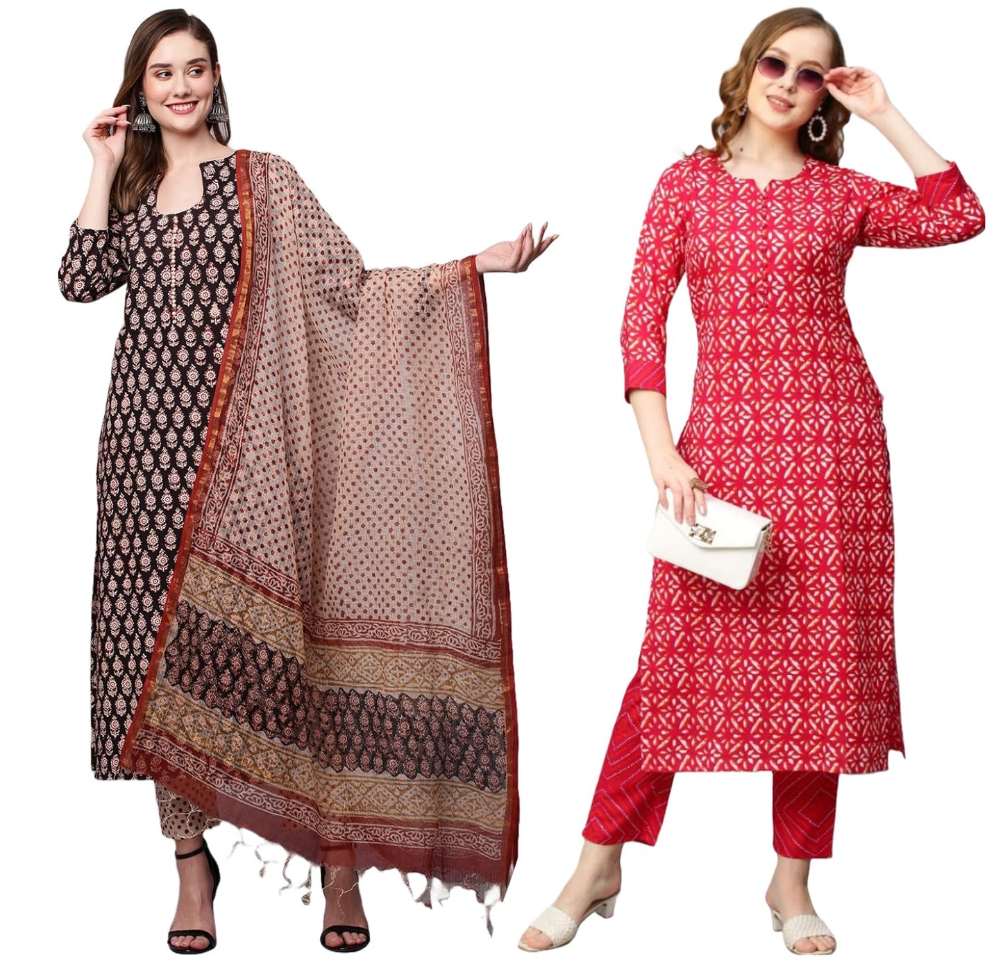 ANNI DESIGNER Womens Cotton Blend Printed Straight Kurta Set 3 Pack of Combo (2 Set) (Cmb-Lcky-137_Multicolor_Small)
