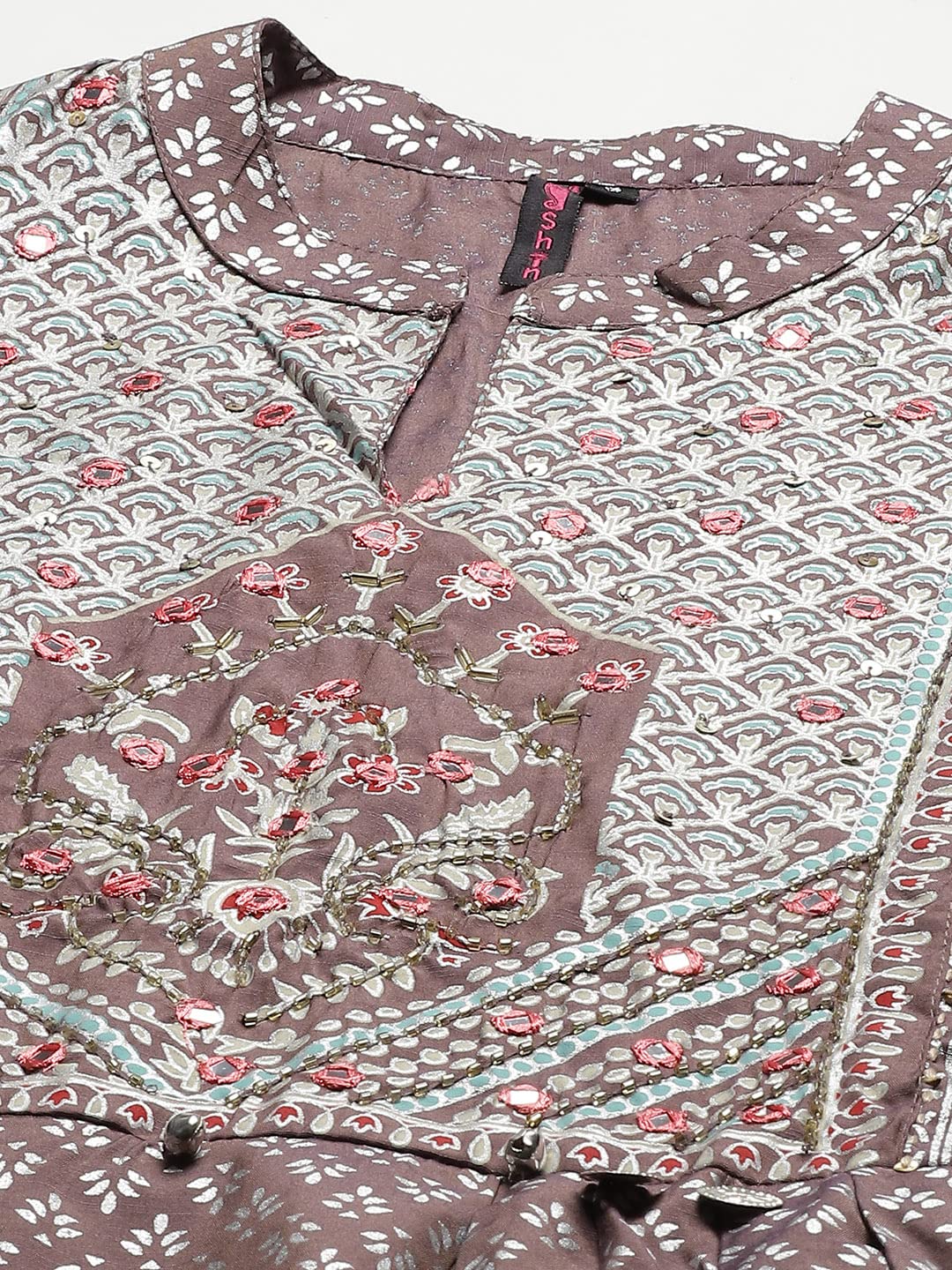 ishin Women's Viscose Rayon Purple Embroidered A-Line Kurta suit set With Dupatta & Pants