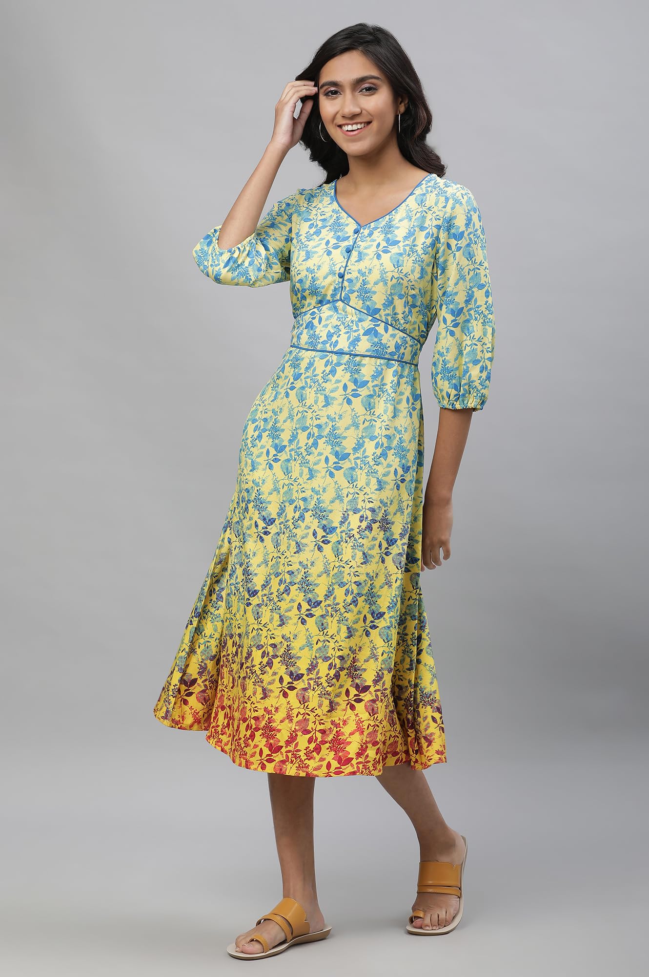 Aurelia Yellow Leaf Print Midi Dress For Women