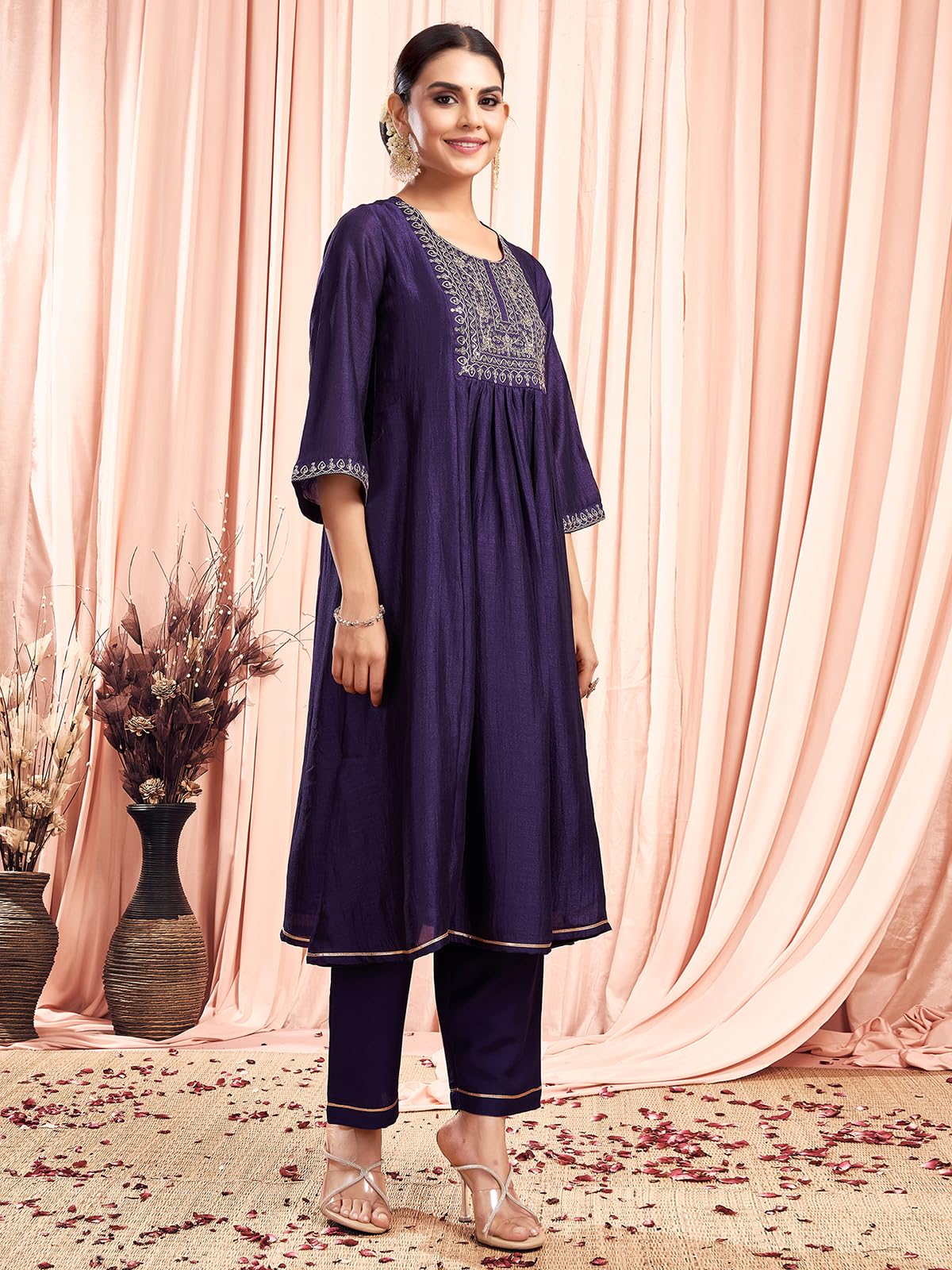 Sanisa Women's Silk Blend Sequins Embroidery Anarkali Kurta with Pant and Dupatta Set