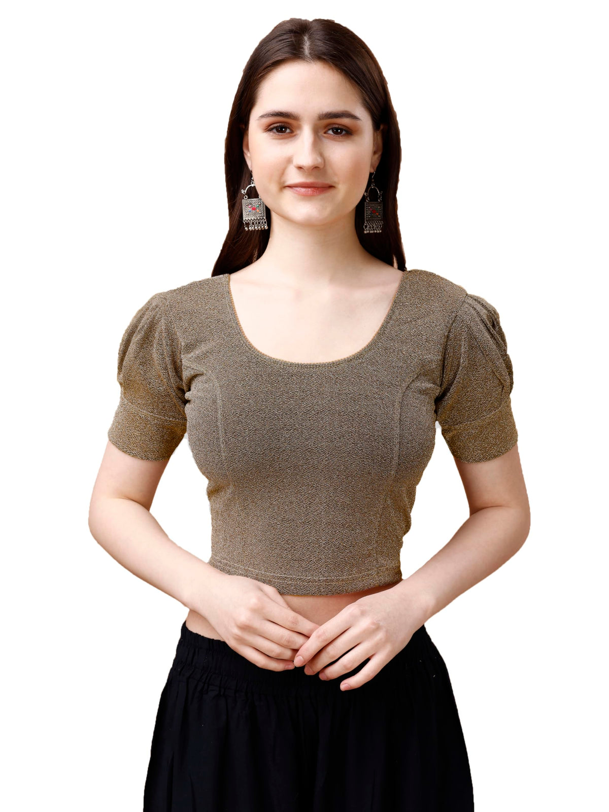 Pujia Mills WomenS Readymade Shining Lycra Stretchable Round Neck Half Puff Sleeve Blouses Lycra Stretchable Off Gold Color Blo