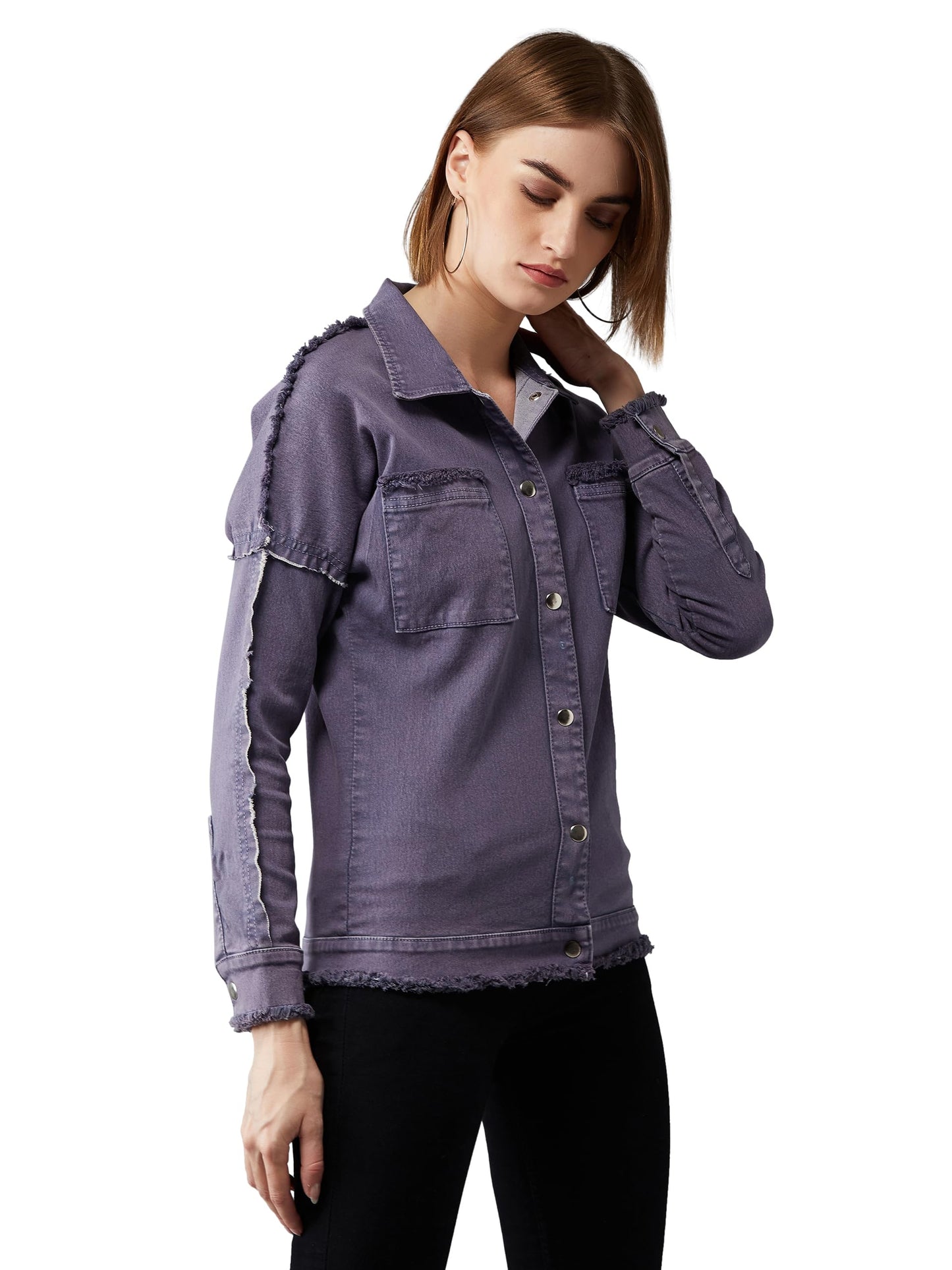 Miss Chase Womens Polo Neck Full Sleeves Denim Bomber Regular Length Jacket (MCSS25DEN68-60-702-03, Pale Lilac, S)