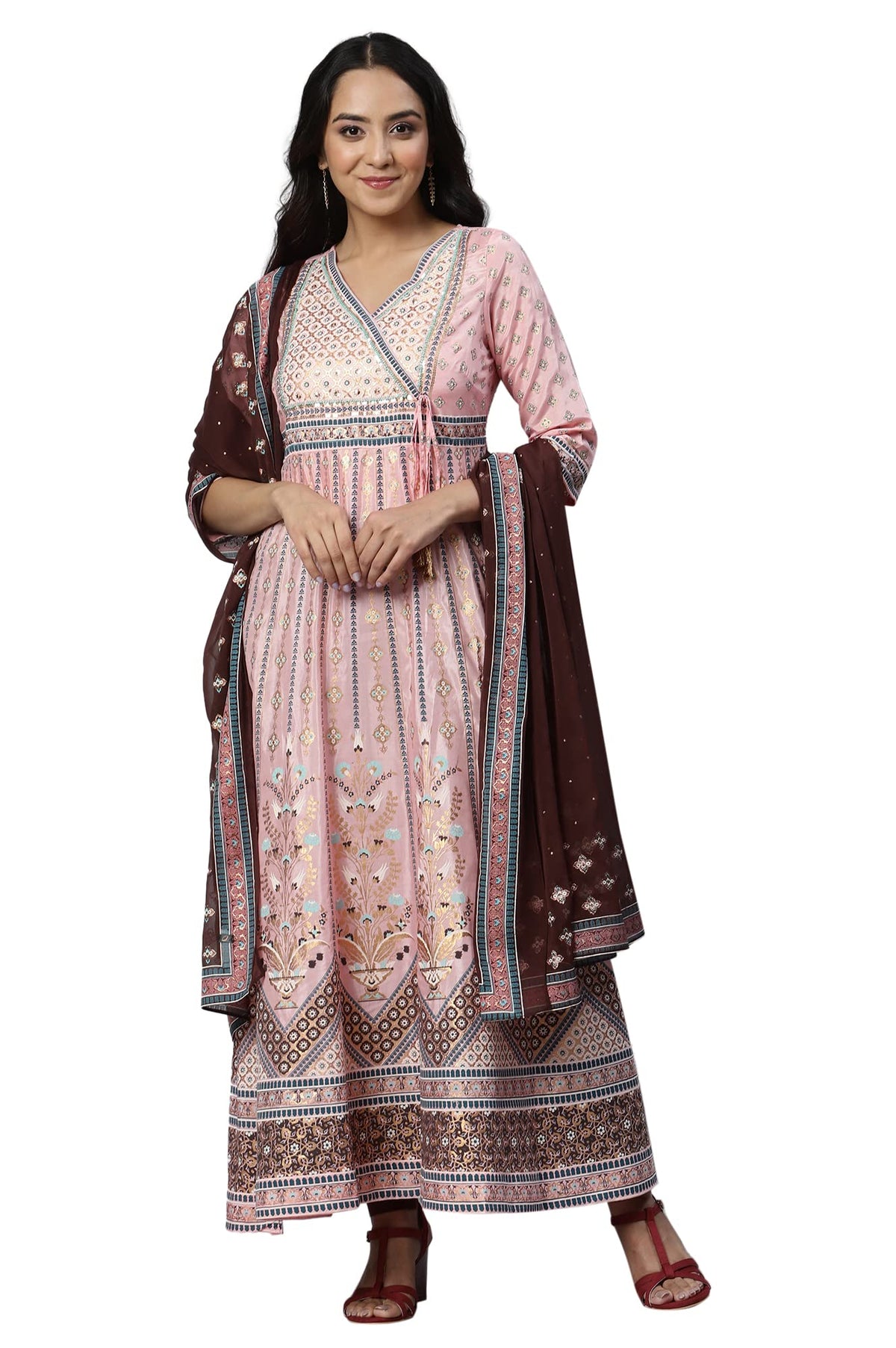 Aurelia Womens Floral Print Silk Kurta Set with Leggings & Dupatta