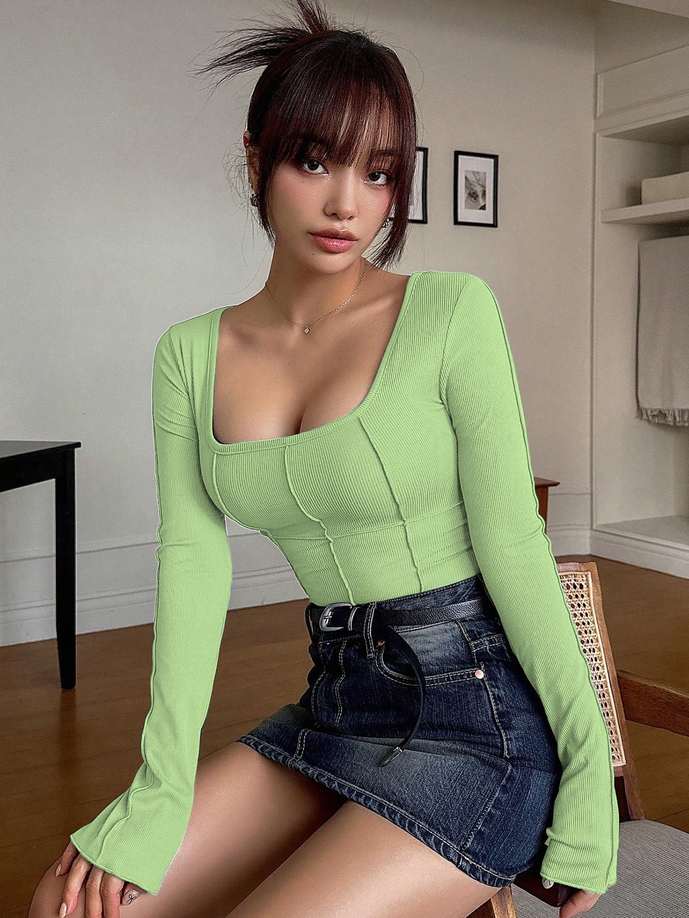 Sugathari Womens Green Solid Long Sleeve Wrap-Style Square Split Crew Neck Bodycon Women T-Shirt Spring and Summer, Minimalist
