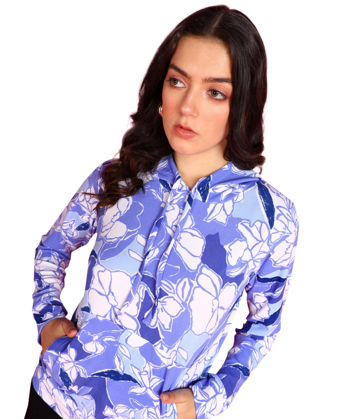 POPWINGS Women Casual Azure Blue Floral Print Hooded Pocket Sweatshirt | Winter Wear | Trendy Sweatshirts