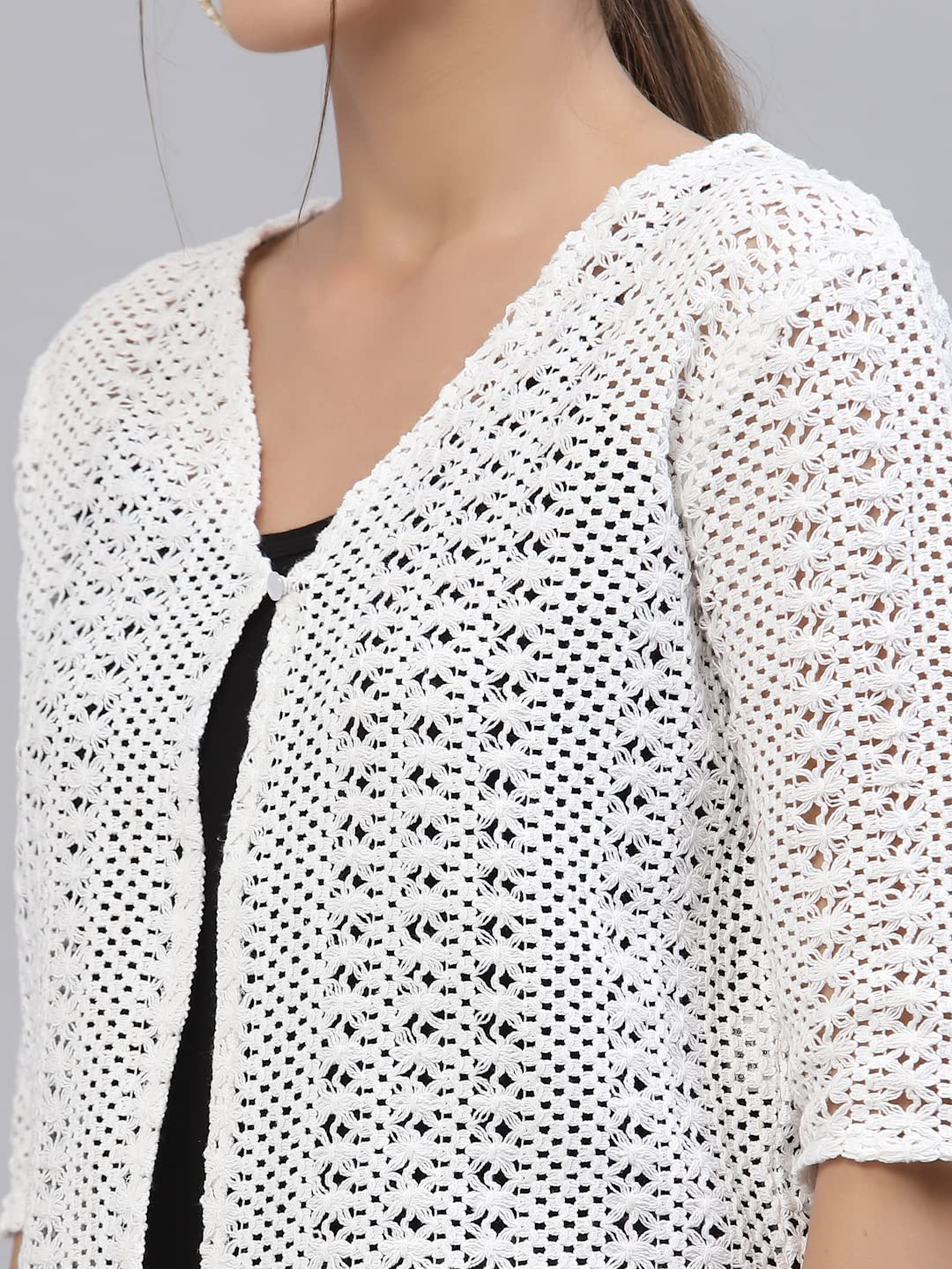 Style Quotient Women Self Design White Cotton lace Regular Smart Casual Shrug