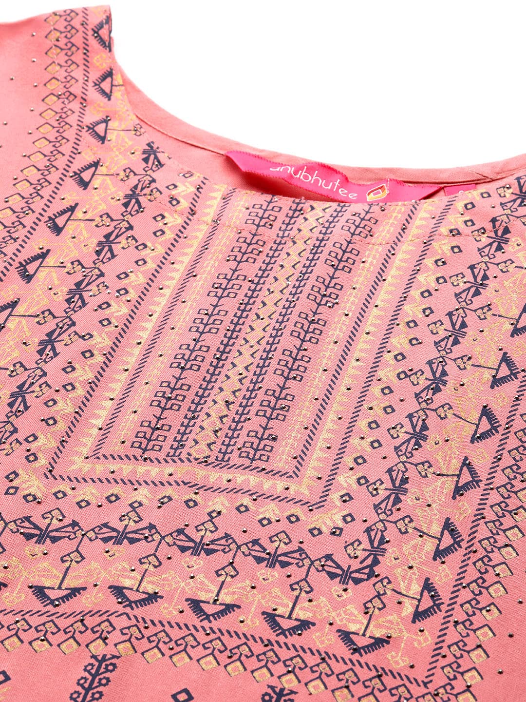 anubhutee Women's Viscose Rayon Peach Foil Print Ethnic Motifs Printed Straight Kurta