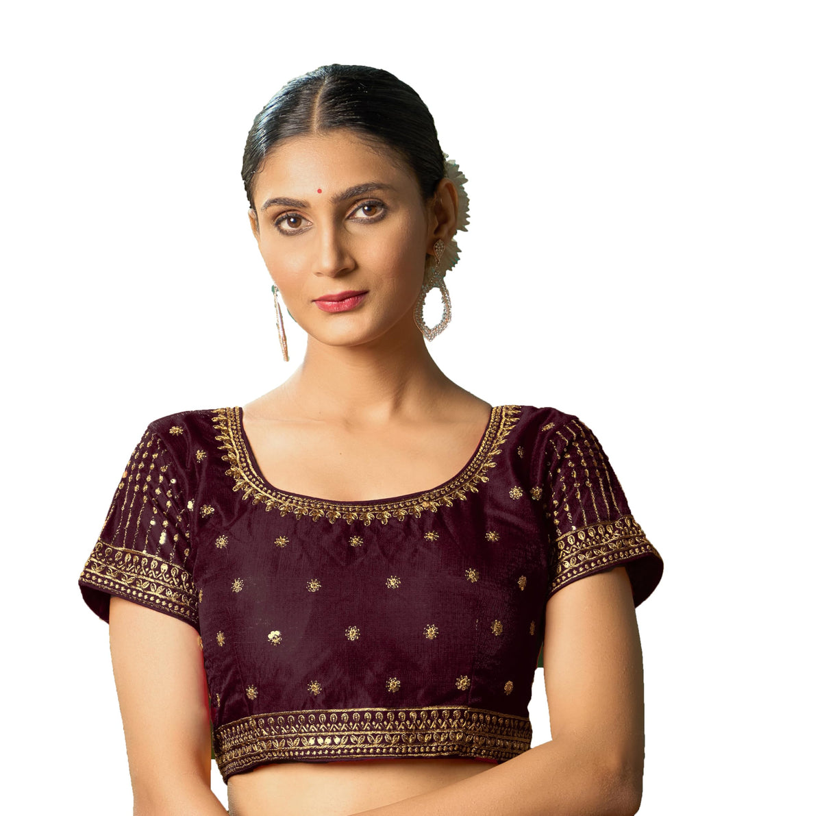 Pujia Mills WomenS Maroon Readymade Blouse Embroidery Multi Coding Gold Thread Indian Ethnic Designer Blouse Stitched WomenS R