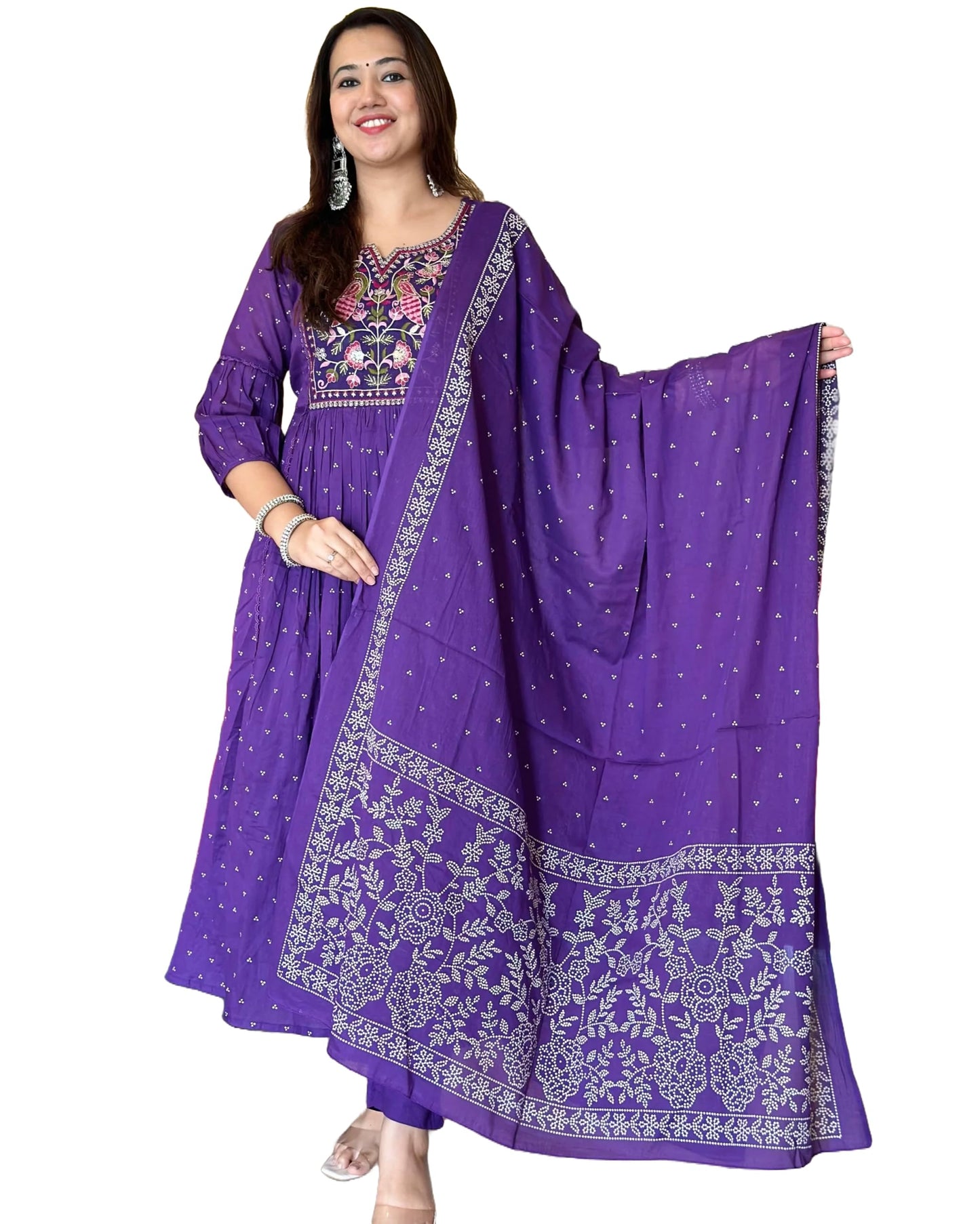 ANNI DESIGNER Womens Rayon Viscose Printed Anarkali Kurta with Pant & Dupatta (Kanota Blue-VKS01_L_Blue_Large)