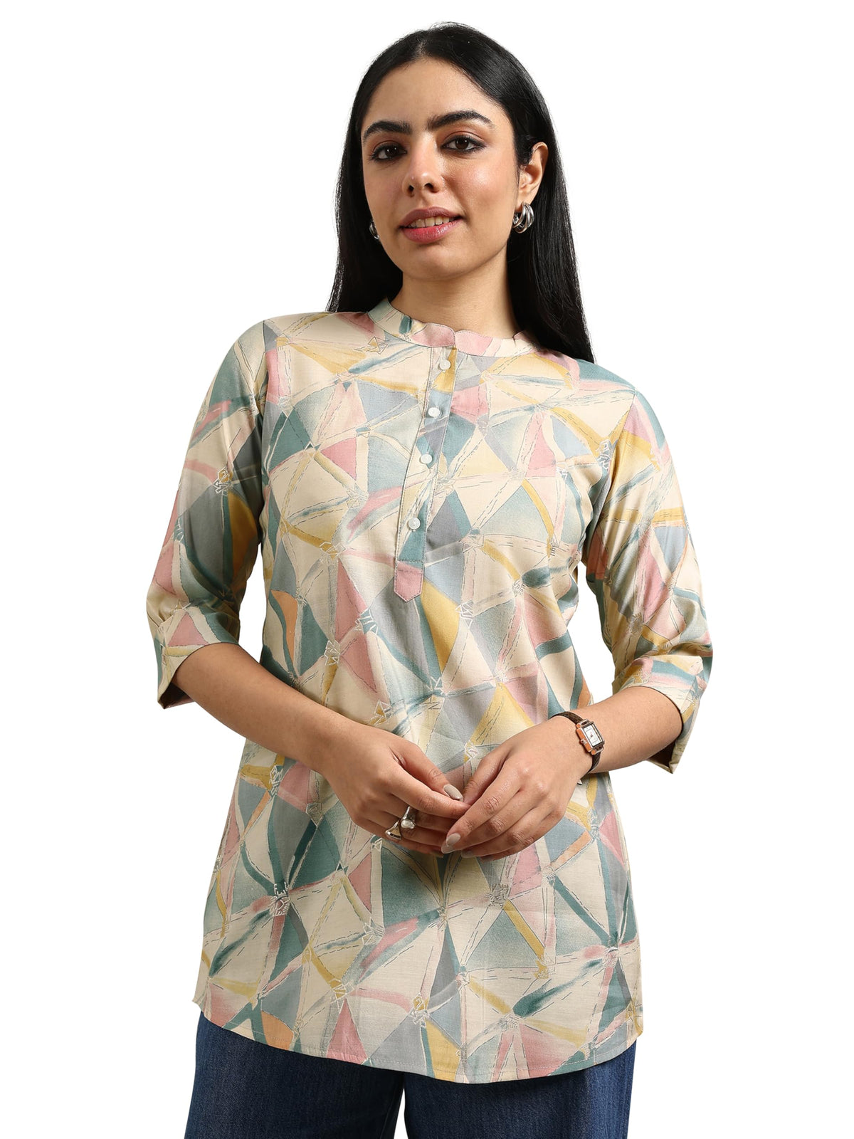 Libas WomenS Silk Blend Geometric Straight Kurti (29391O