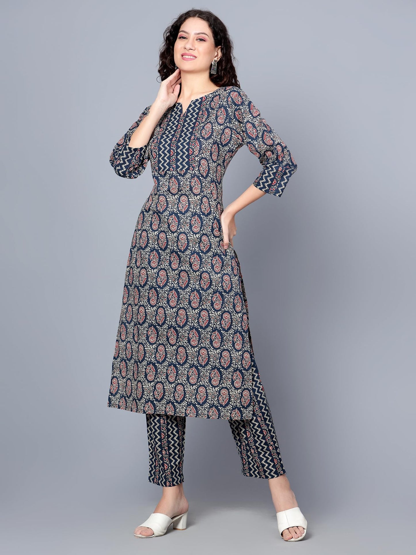 idaLia Indigo Blue Printed Cotton Kurta Set