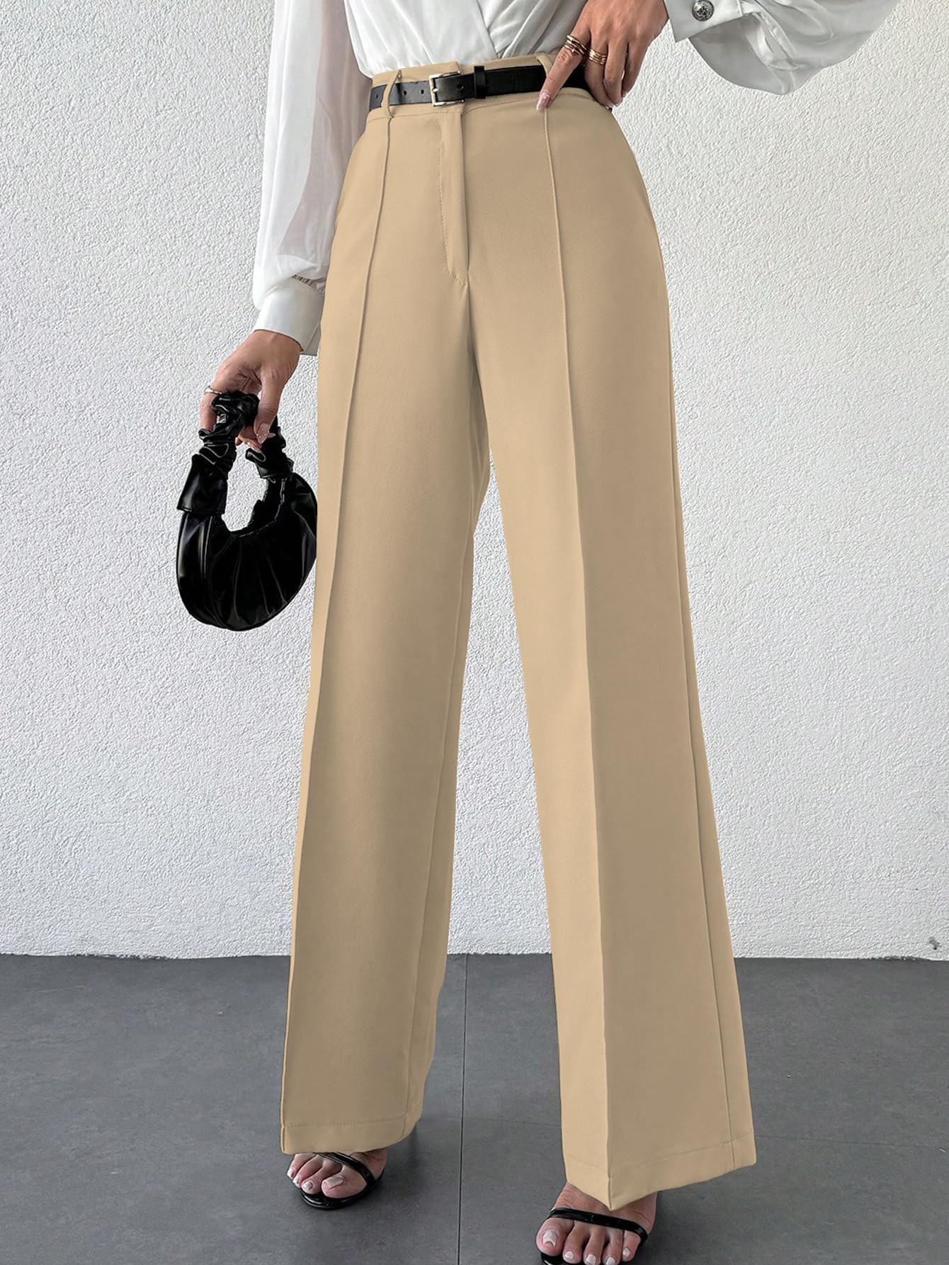 Shasmi Womens Solid Cream Color High Waist, Wide Straight-Leg Loose Fit, Front Button Closure, Simple Daily Casual Long Pants w