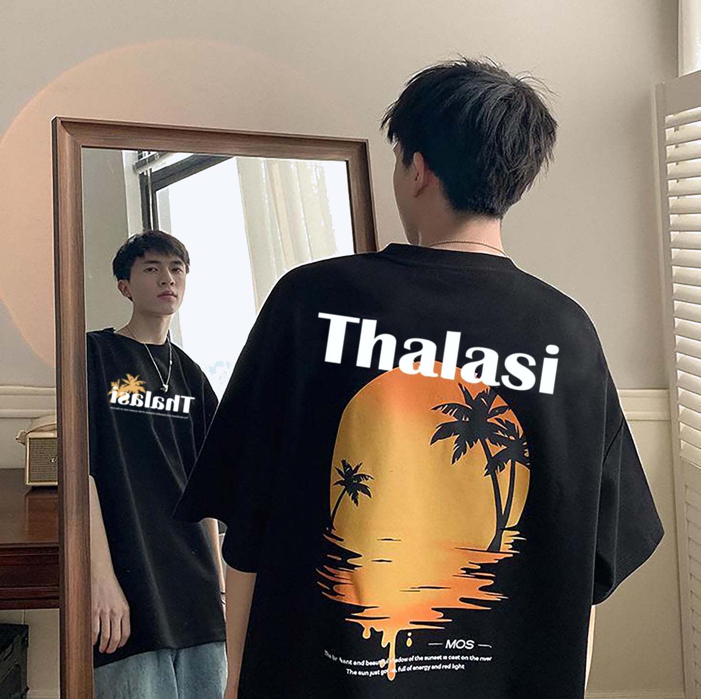 Thalasi Cotton Back Printed Oversized Tshirt For Men - Black Beach Tee With Stylish Print Half Sleeve,Down Shoulder,Round Neck A