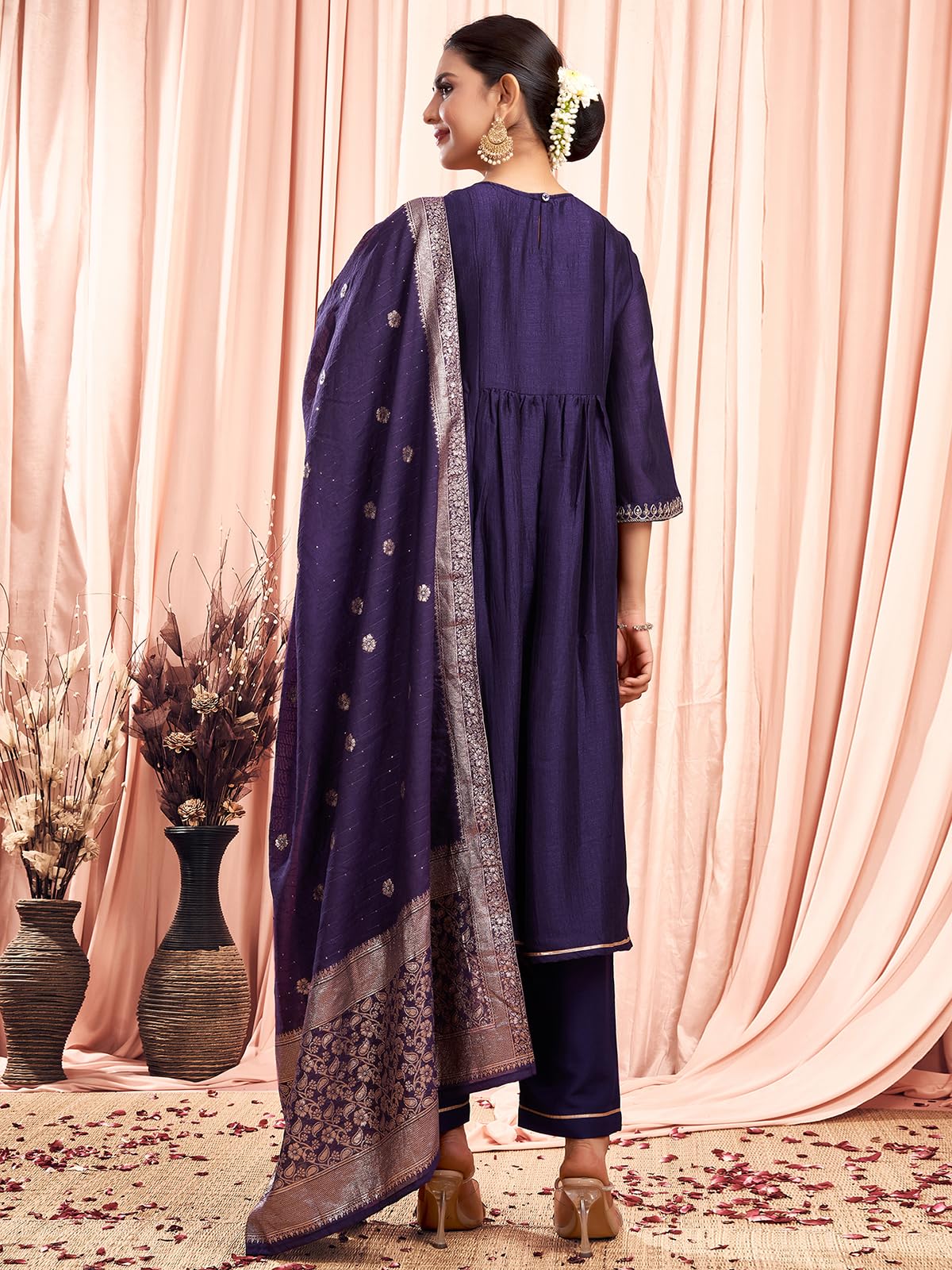 Sanisa Women's Silk Blend Sequins Embroidery Anarkali Kurta with Pant and Dupatta Set